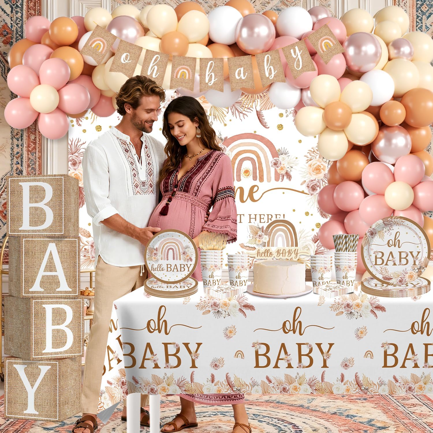Boho Baby Shower Decorations, A Little Ray of Sunshine Party Banner Boho Rainbow Balloon Arch Paper Plates and Napkins Set Floral It’s a Girl Neutral Baby Shower Gender Reveal Party Decorations