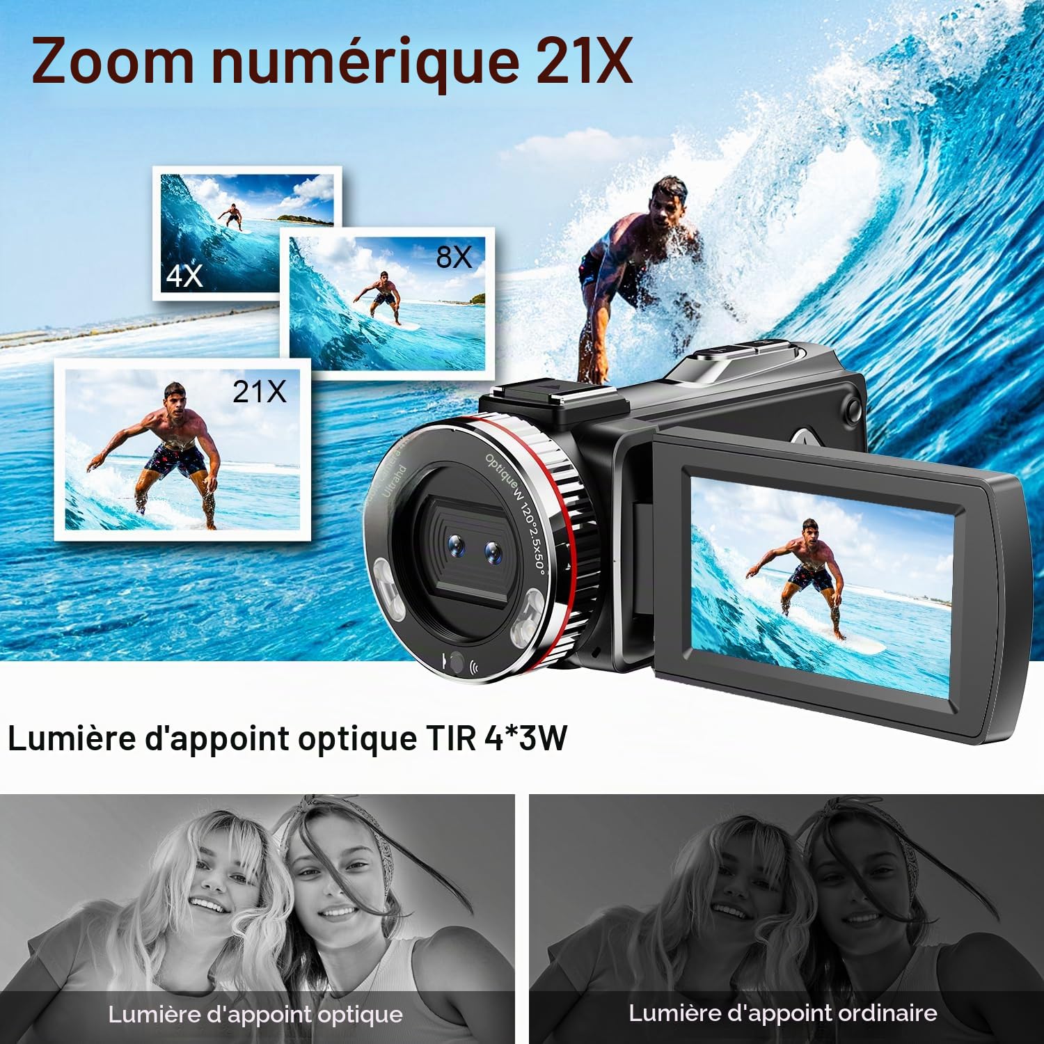 Caméra Vidéo 4K 64MP Caméscope Vlogging avec Écran Rotatif 270°, Carte 64 Go, Microphone, Stabilisateur, Télécommande, 2 Piles