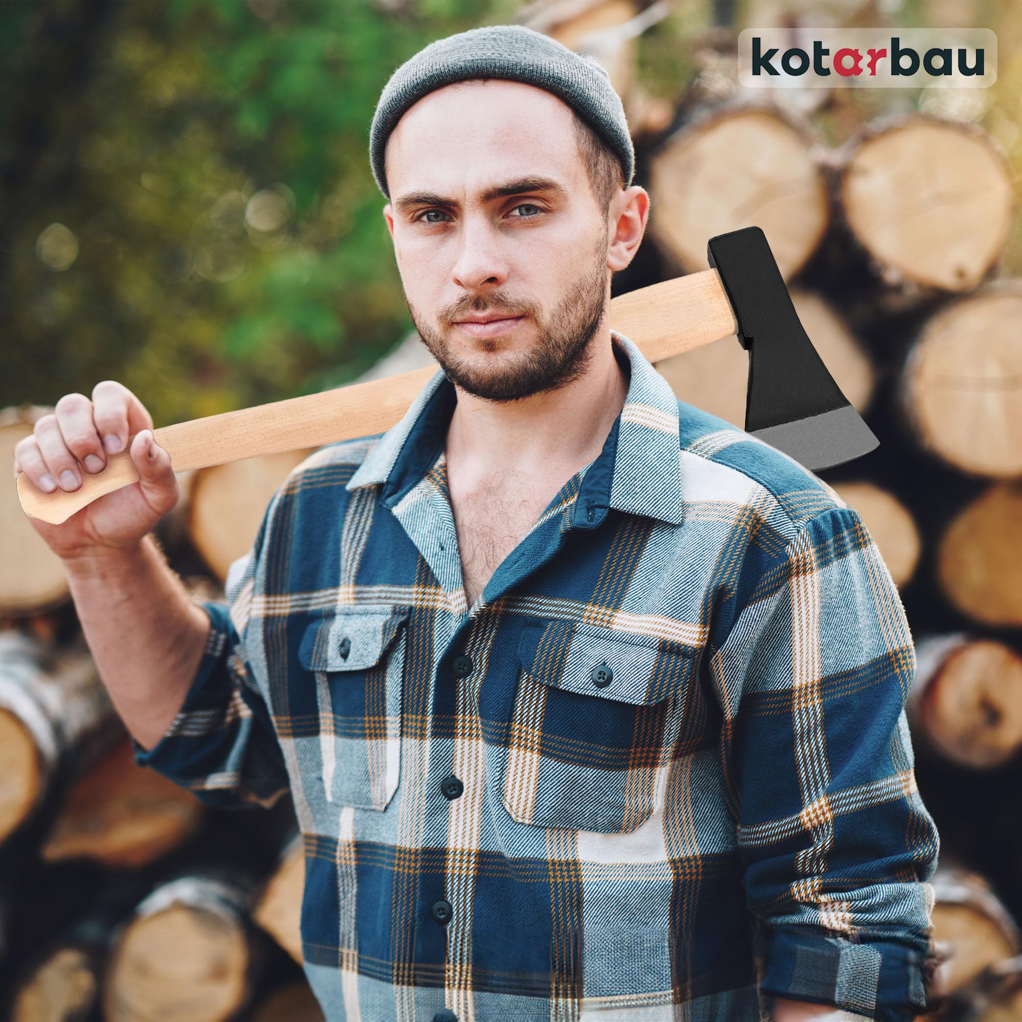 KOTARBAU® Hacha forjada 1,8 kg Longitud total 783 mm con mango de madera Hacha para hendidura de madera Hacha de cañón Martillo de madera