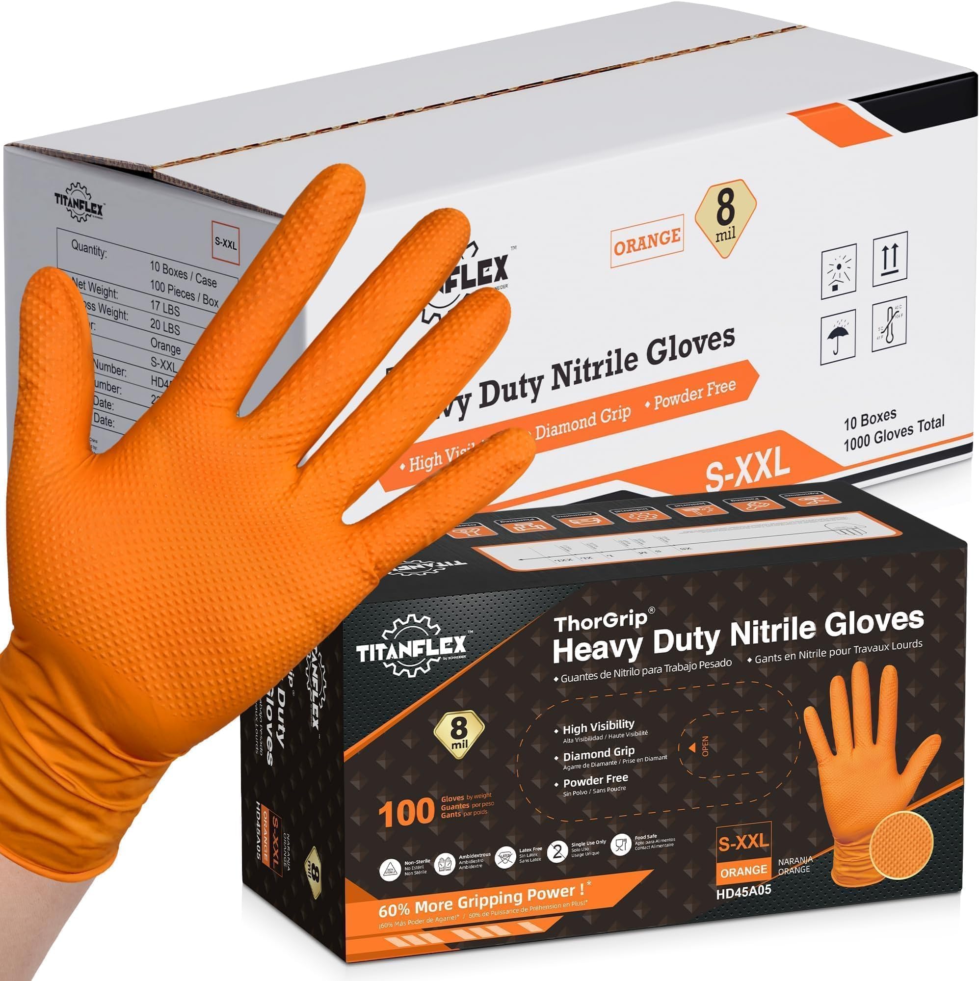 TitanFlex Heavy Duty Industrial Orange Nitrile Gloves, 8-mil, Gloves Disposable Latex Free with Raised Diamond Texture Grip, Powder Free, Rubber Glove, Mechanic Gloves,1000-ct Case (XL)