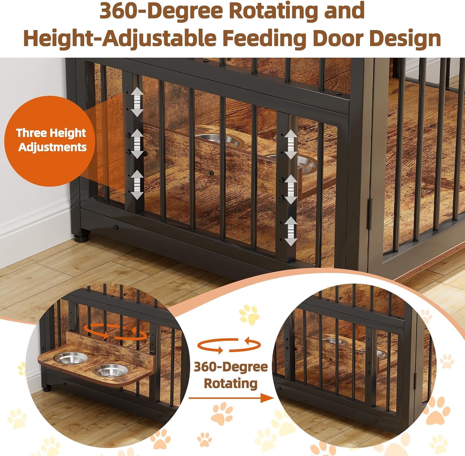48" Wooden Dog Crate Furniture for Large Dogs, Heavy Duty Dogs Kennel Furniture with 2 Drawers Storage, 360° Adjustable Raised Feeder Bowls, Decorative Dog Kennel End Table