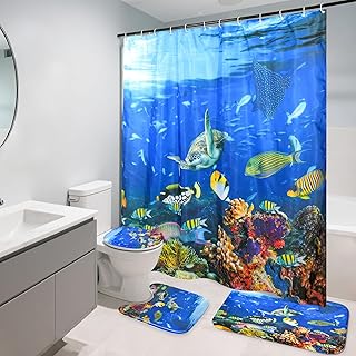 4-Piece Shower Curtain Set, Kids Bathroom Shower Curtain Set, Includes Bath Mat (Bathroom Rug, U-Shaped Mat, and Toilet Lid Cover), Comes with 12 Hooks, Ocean World Pattern.