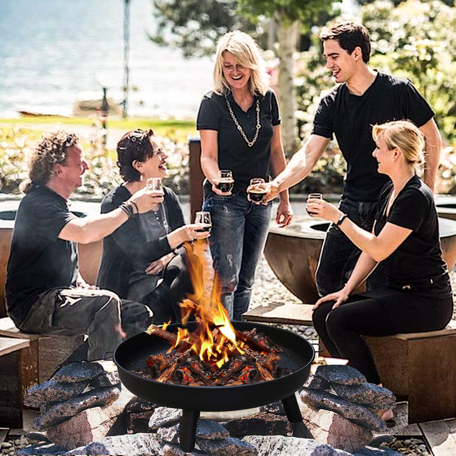 Herrselsam Feuerschale Ø 80 cm Feuerstelle für den Garten, mit 3 abnehmbaren Füßen und Griffen, Outdoor-Feuerstelle für Garten und Balkon, Stahl-Feuerstelle für Sommerpartys, Lagerfeuerheizung
