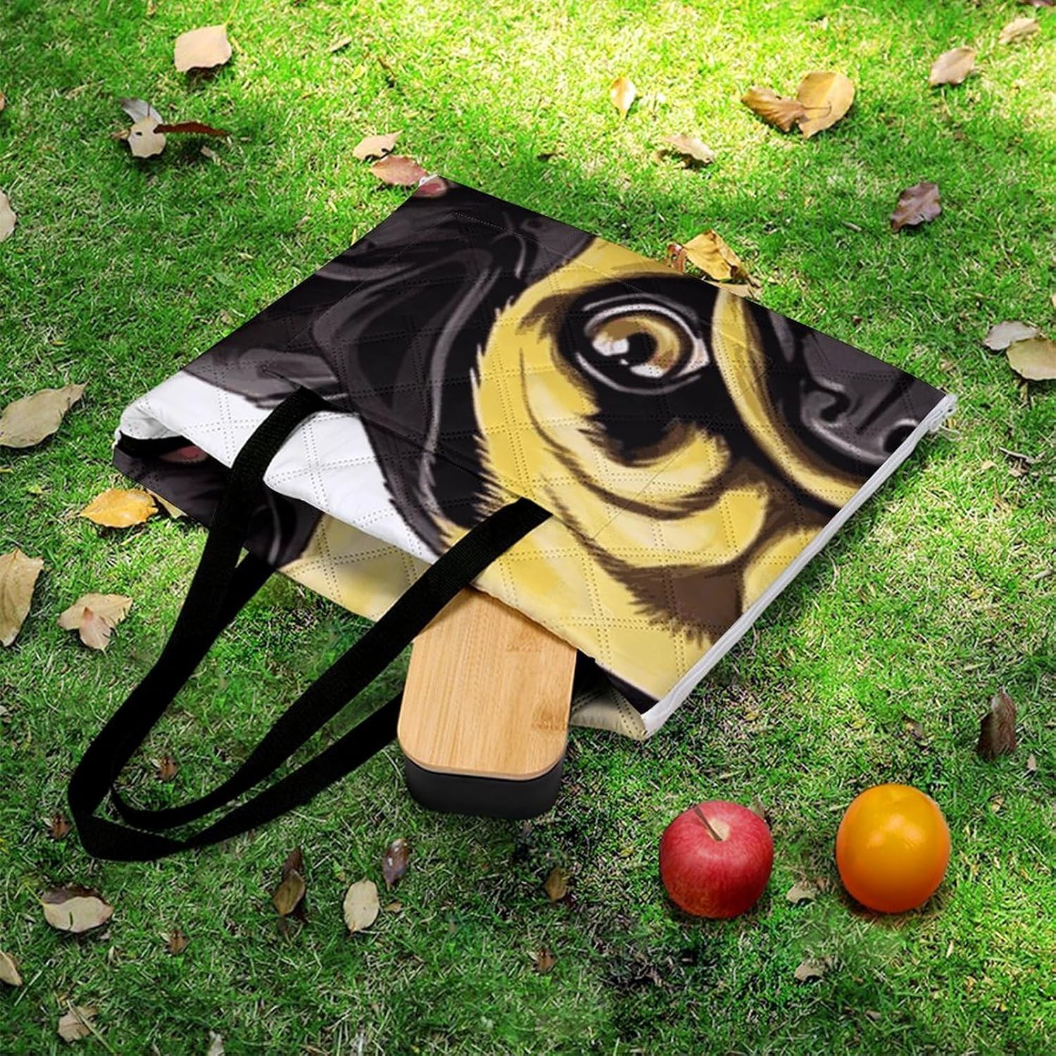 Black Yellow Pug Picnic Blanket 150x100cm, Foldable 2-in-1 Picnic Mat and Tote Bag Portable Waterproof Beach Mat Sandproof Outdoor Blanket for Park, Hiking, Beach, Camping, Travel