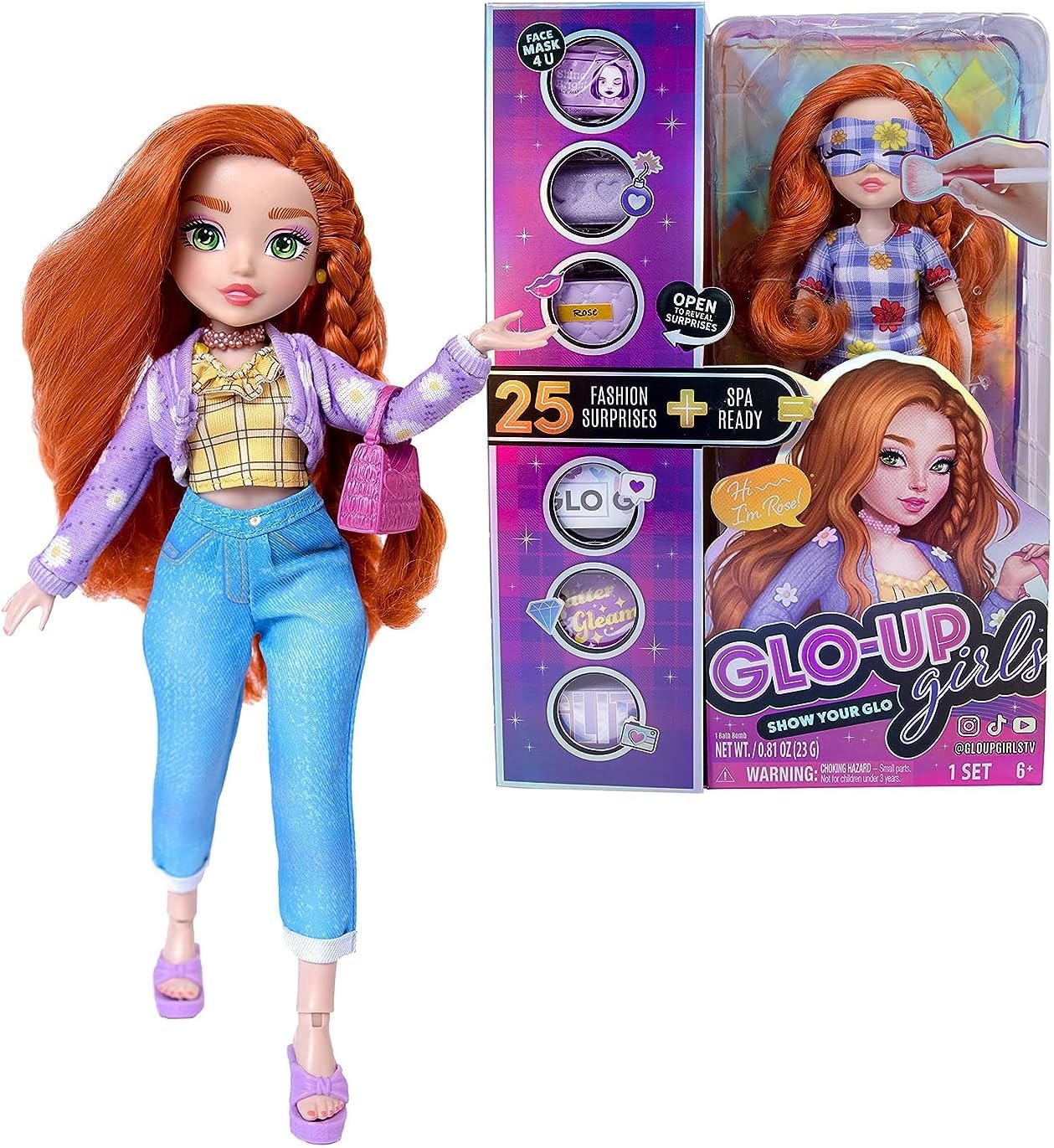 Far Out Toys GLO-UP Girls Rose Redhead Fashion Doll, 25 Fabulous Suprises, Accessories, Purses, Bath Bomb, Spa Face Masks, Color-Changing Nail Play