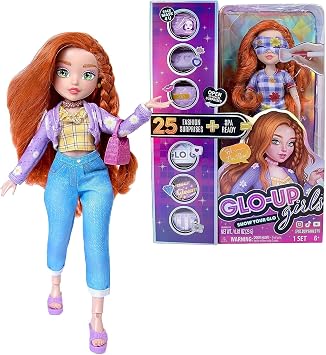 Far Out Toys GLO-UP Girls Rose Redhead Fashion Doll, 25 Fabulous Suprises, Accessories, Purses, Bath Bomb, Spa Face Masks, Color-Changing Nail Play