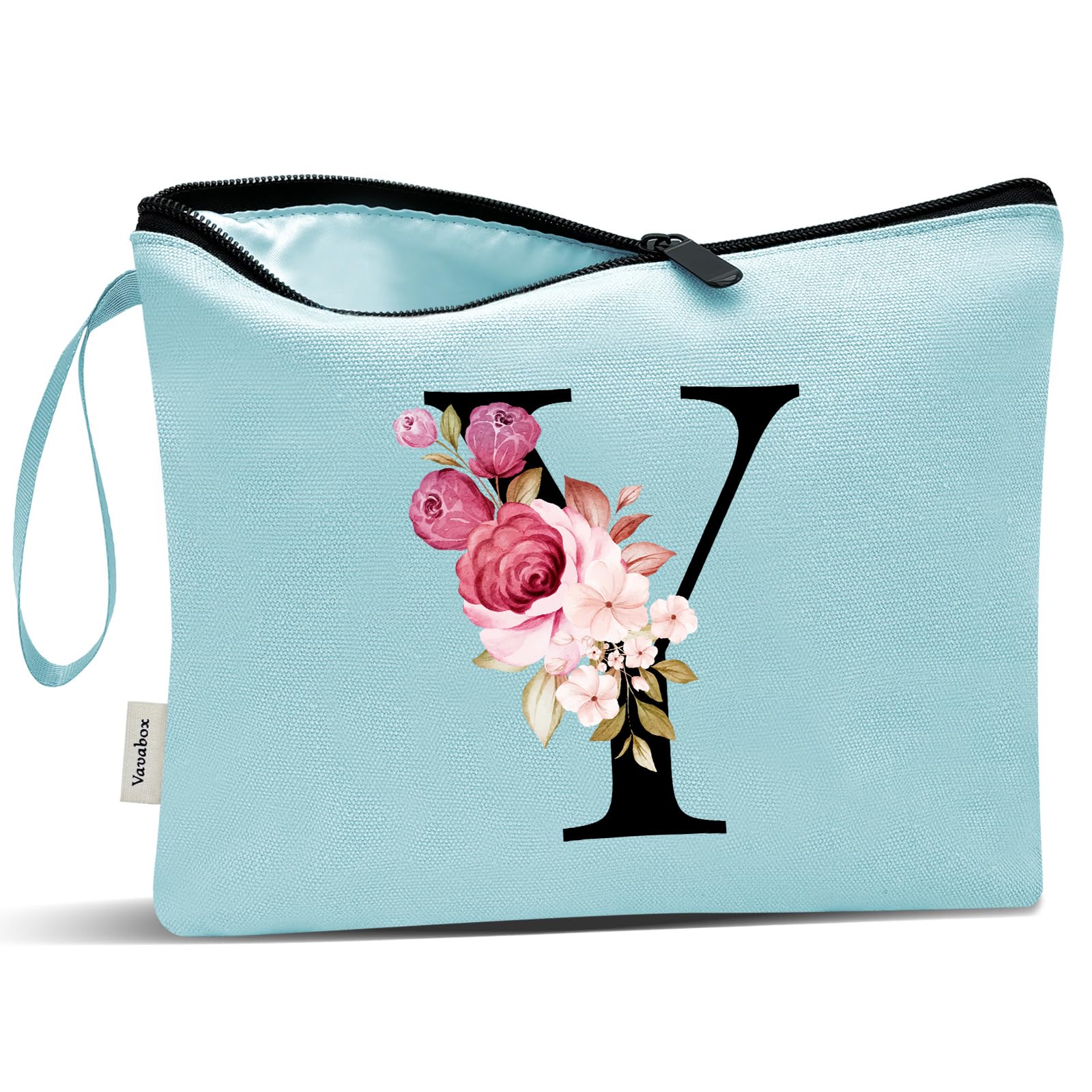 Vavabox A-Z Personalized Makeup Bag, Birthday Gifts for Women Mom, Gifts for Best Friend, Bride Bridesmaid Cosmetic bag (Y, Aqua)