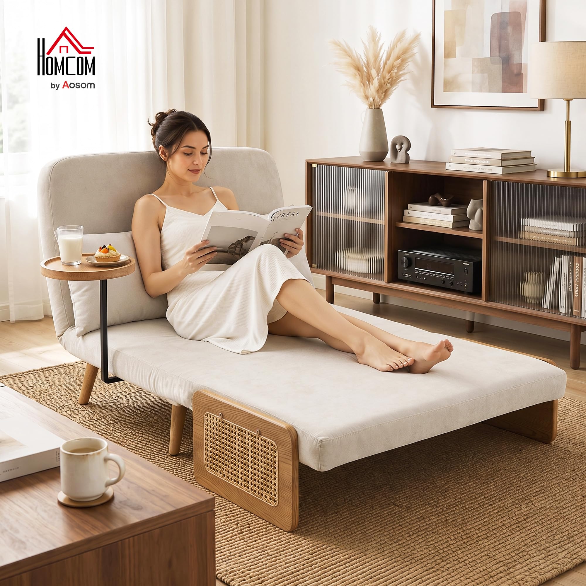HOMCOM Sofá Cama 2 Plazas Convertible 3 en 1 131x78x82 cm Blanco Crema | Sofá Cama Plegable, Tapizado Chenilla, Respaldo Ajustable, Mesa Lateral de Madera, 2 Almohadas con Funda Lavable
