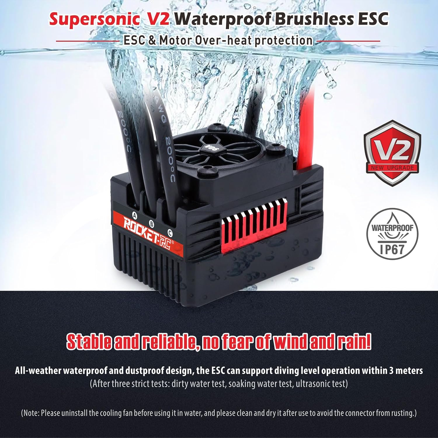 Surpass Hobby Rocket RC Waterproof Supersonic Brushless ESC 60A with Plug for 1/10 RC Car (60A)