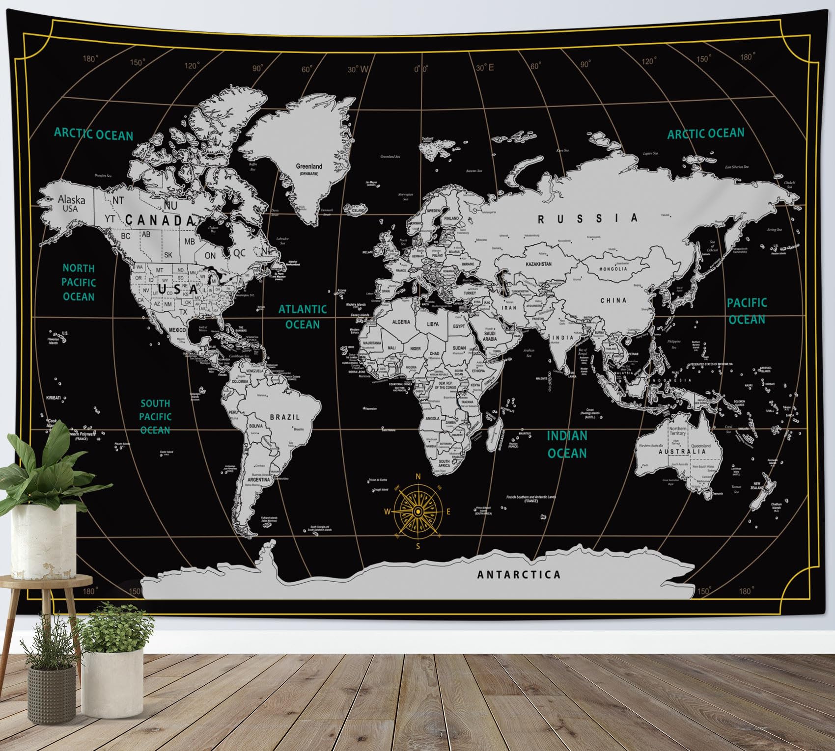 LB World Map Tapestry for Kids Classroom Vintage Black and Grey Map Tapestry Wall Hanging Countris and Ocean Tapestries for Living Room Bedroom Dorm Wall Decor,59x51 inch — image 1