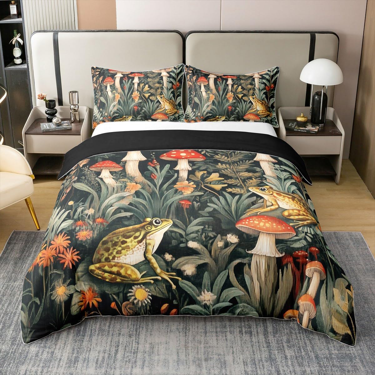 Erosebridal Wild Mushroom Duvet Cover Queen 100% Cotton,Cute Frog Mushroom Comforter Cover for Kids Boys Natural Fungus,Galaxy Rustic Jungle Botanical Room Decor for Girls Women,Soft Breathable