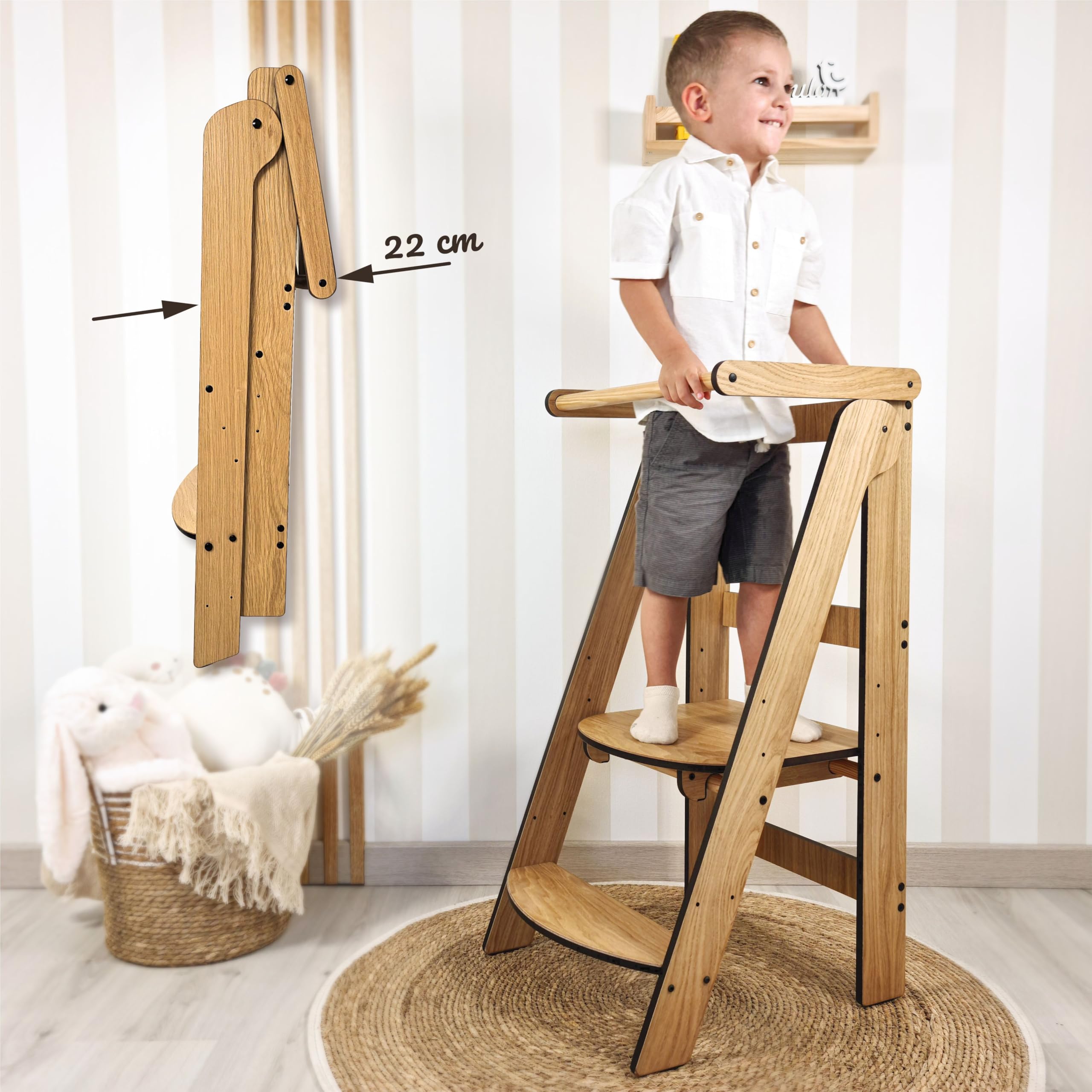 Torre de Aprendizaje Montessori Madera Compacta, Torre de Aprendizaje Evolutiva Niños, Escalera 2 Peldaños, Escalón Infantil, Taburete Infantil, Personalizable con Nombre, Hecho a Mano