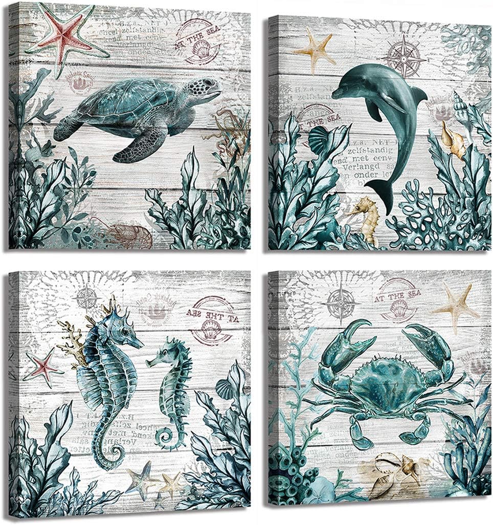 Yang Hong Yu Retro Ocean Aquatic Animals Decor Wall Art 4 Panel Turtle Picture for Bathroom Gray Nautical Canvas Wood Grain Background Dolphin Seahorse Crab 12"x12"
