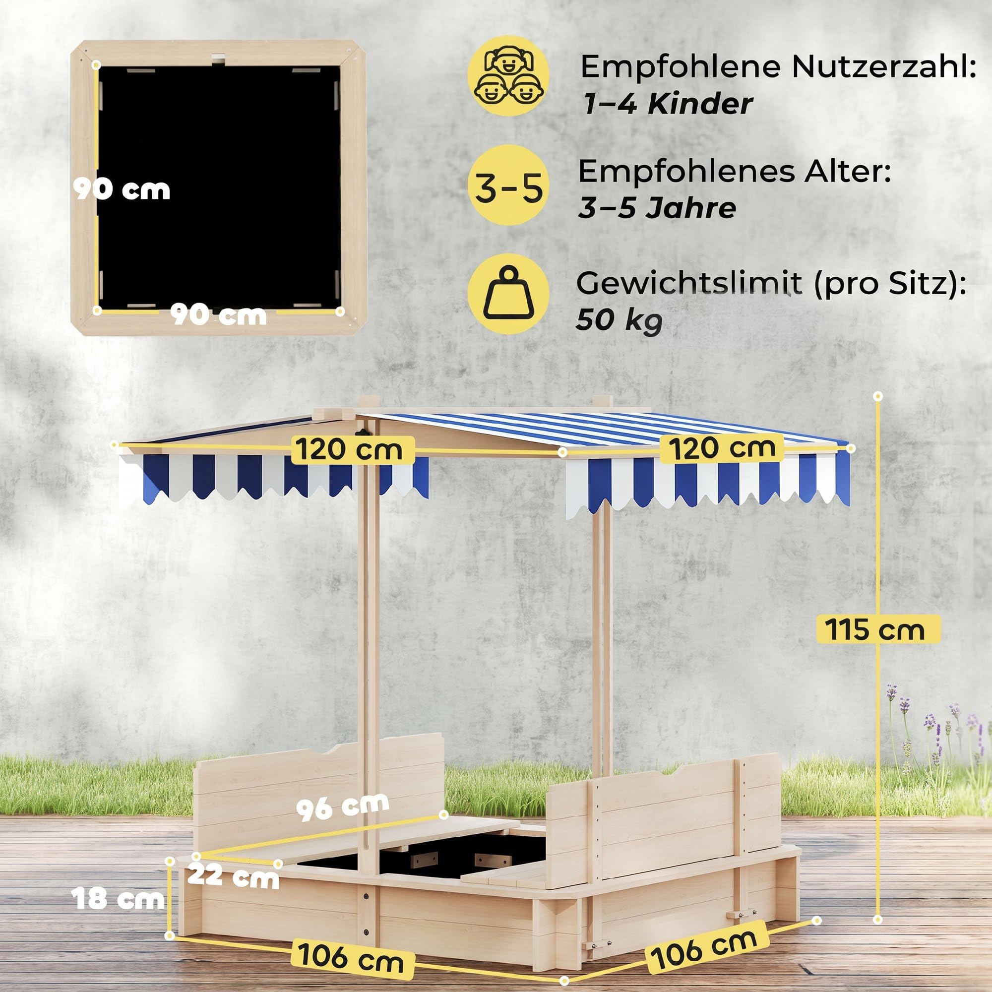 Outsunny Sandkasten Kinder 106x106 cm Höhenverstellbar Abdeckung Blau | Sandkiste Sandbox Aus Holz, Sitzbänken Mit Rücklehnen, für Outdoor Garten Terrasse Balkon