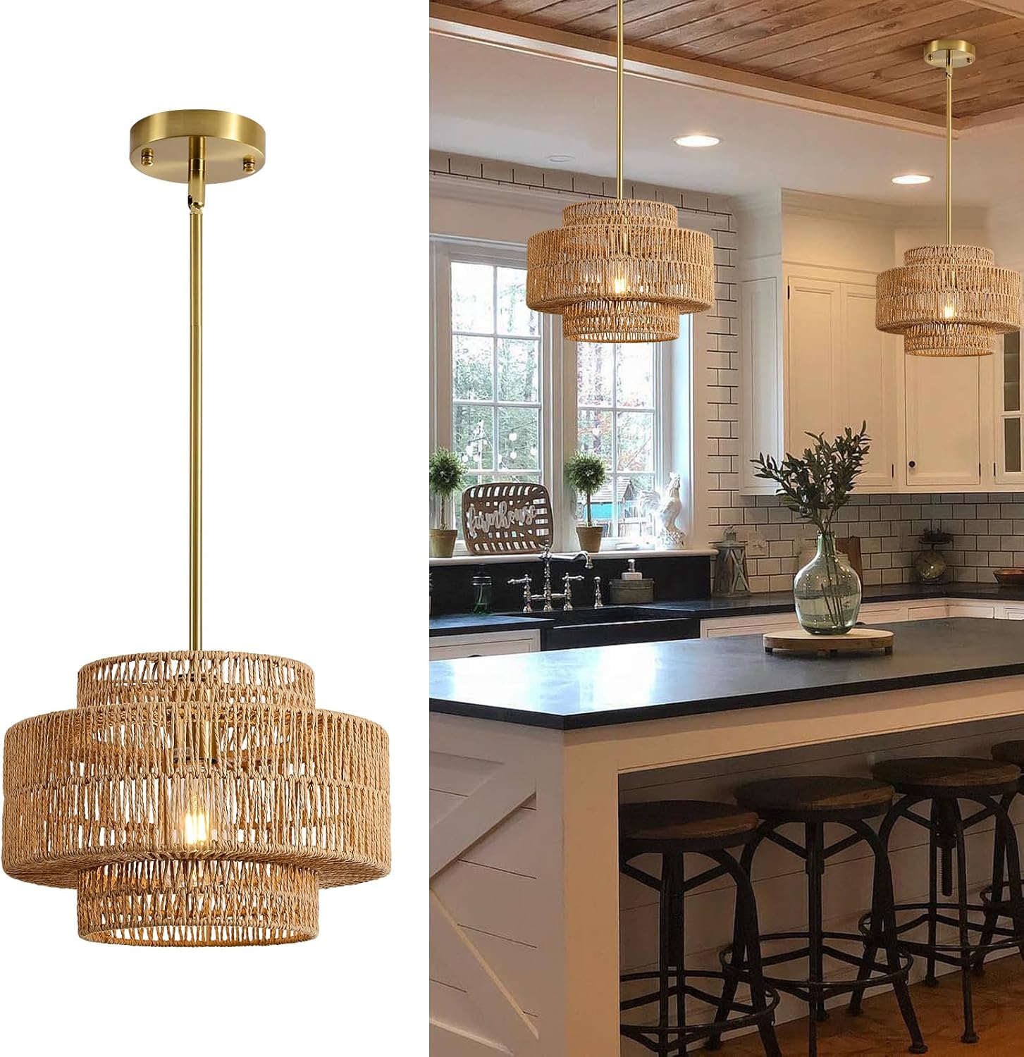 12.4” Boho Rattan Chandelier Light Fixture, 1-Light Hand Woven Pendant Light Fixture Farmhouse Rustic Hanging Lamp for Kitchen Island Bedroom, Dining Room, Living Room, Entryway, Foyer 12.4" brown
