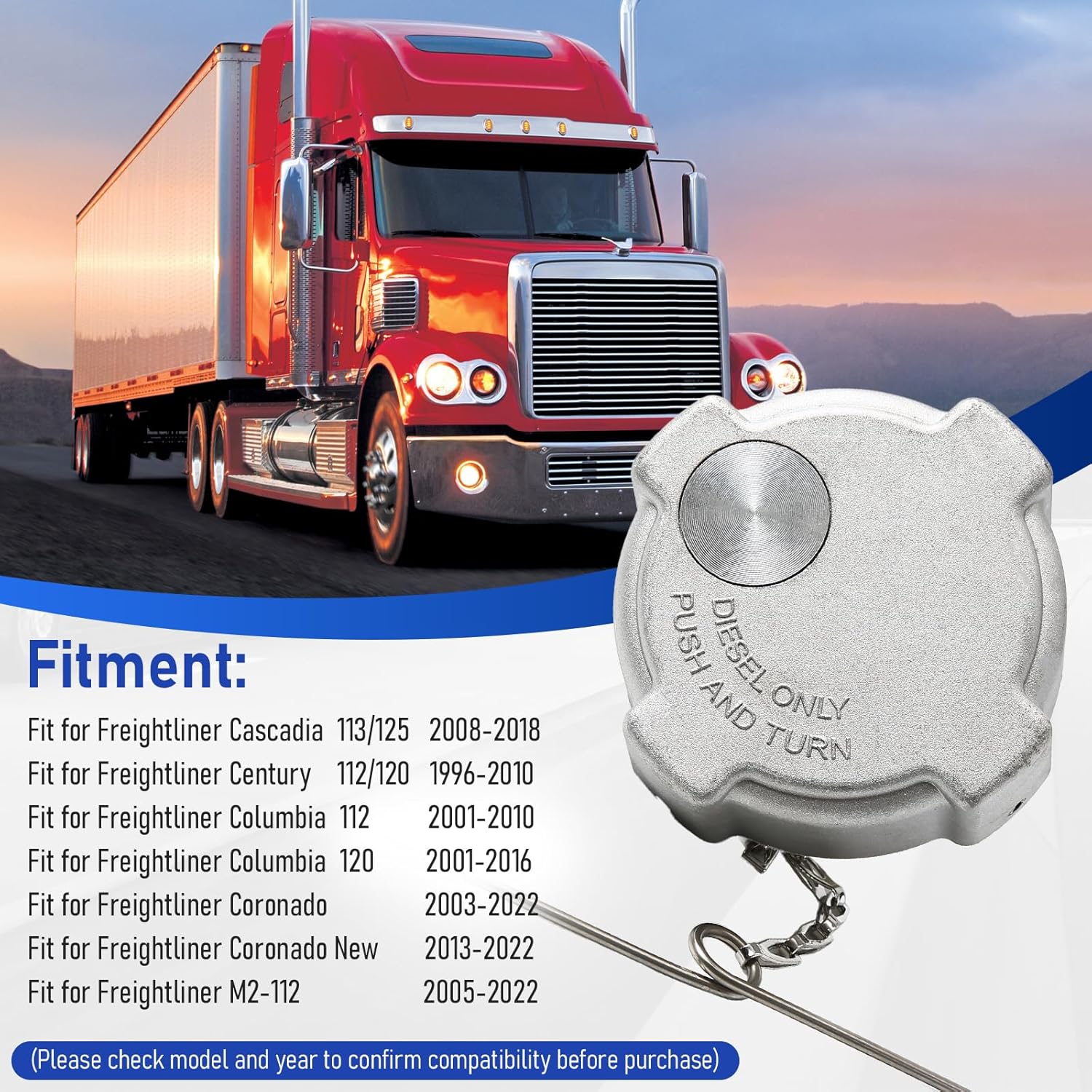 3" 1/4 Diesel Fuel Cap Compatible with Freightliner Cascadia Columbia Century Coronado Argosy 1996-2022 Truck Gas Tank Cap Replace# 572.1018, 03-37017-002, 0334466002, 600149, 918010 1 Pack Non-Locking Diesel Fuel Cap