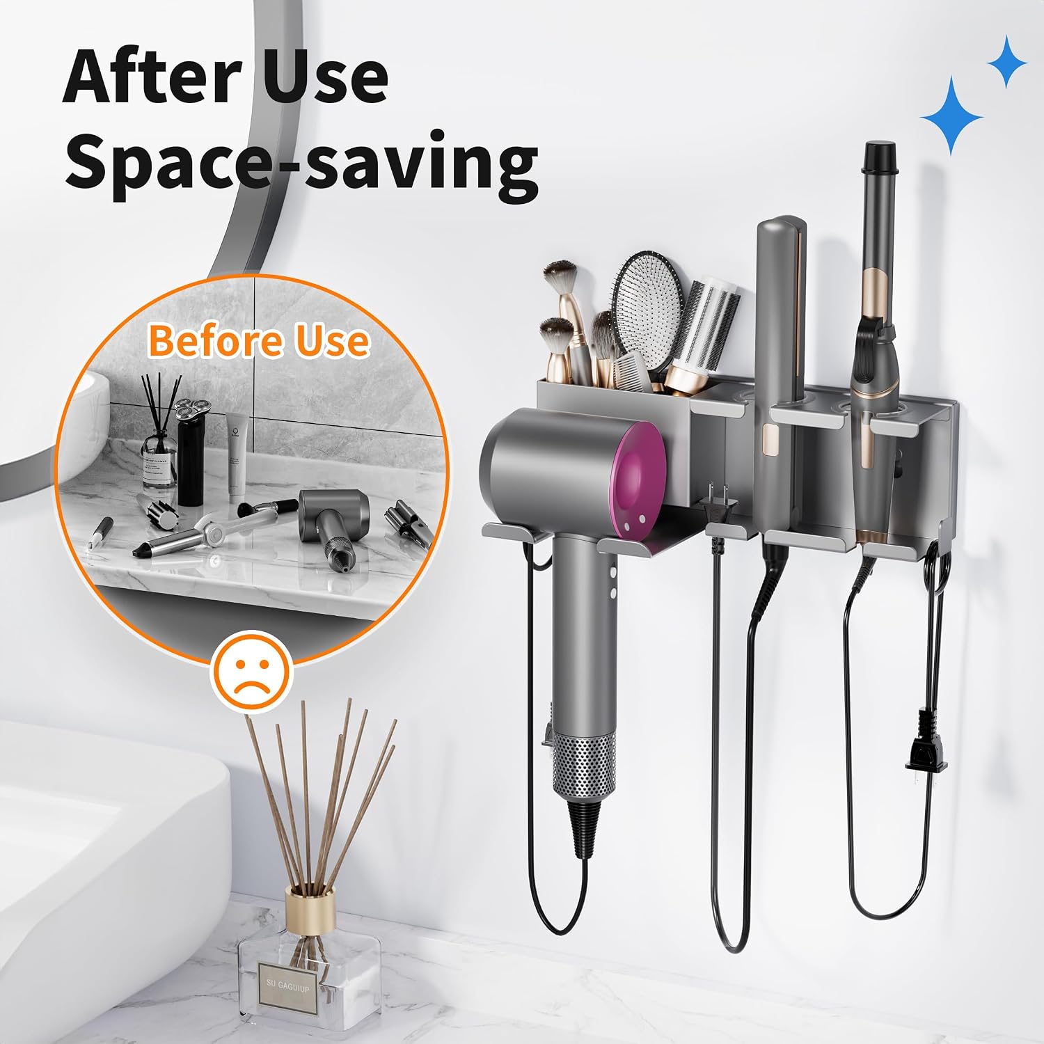 Hair Dryer Holder, Hair Tool Organizer, Blow Dryer Hanger Wall Mount for Dryer Hook, Bathroom Space-Saving Blow Dryer Organizer, Curling Irons Storage Wall Mounted (Gray)