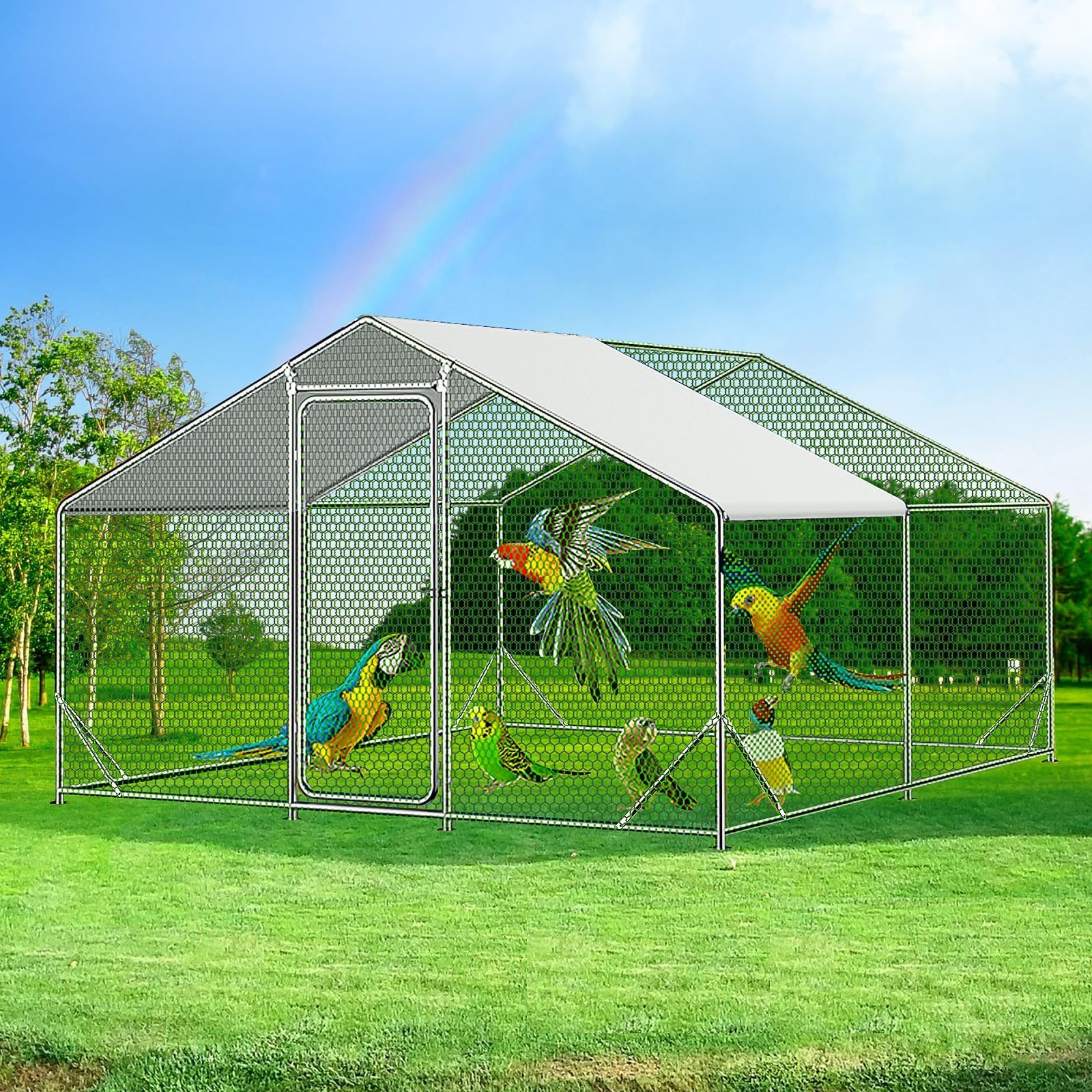 2025 Upgraded 10' x 13' x 6.6' Large Metal Chicken Coop with Run for 10 Chickens, Chicken Runs for Yard with Cover for Water-Resistant, Walk-in