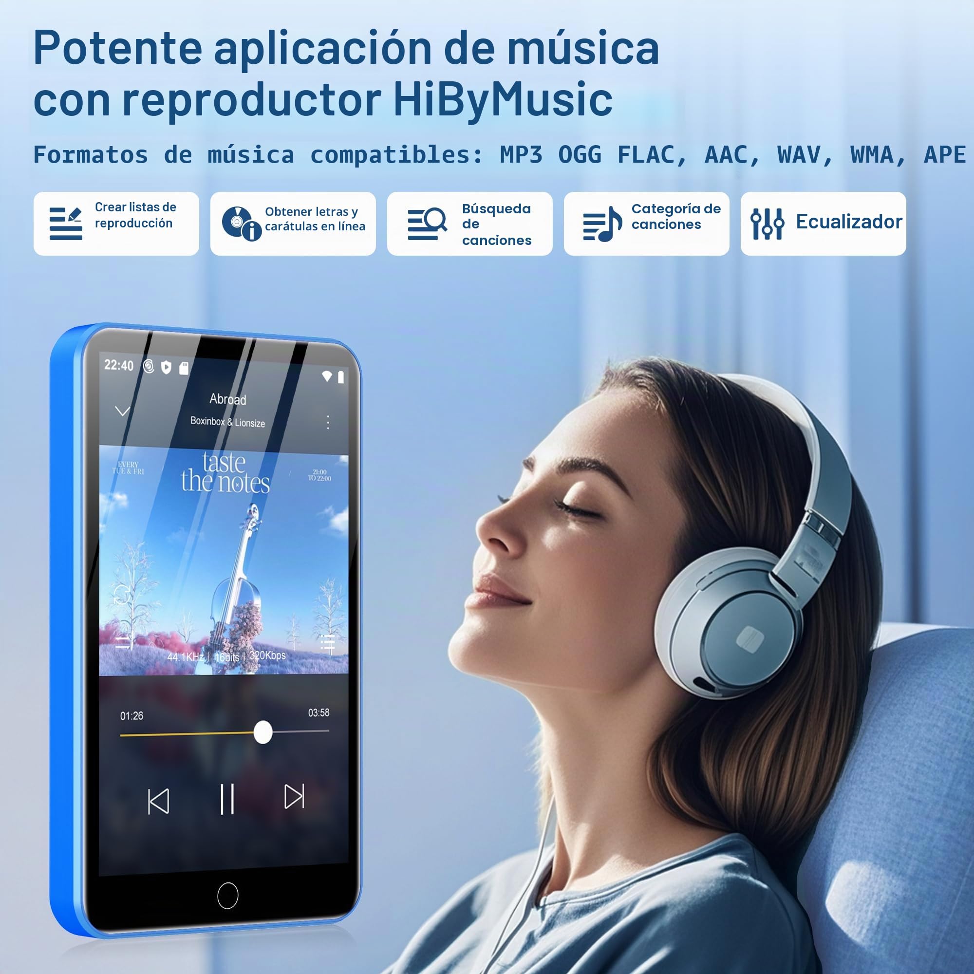 Reproductor MP3 Diofox de 80GB con Bluetooth y Wi-Fi, Reproductor MP3 Android Spotify, Amazon Music, Audible, Pantalla Táctil de 4 Pulgadas, Música en Streaming, Play Store, Radio FM, Deezer - Azul