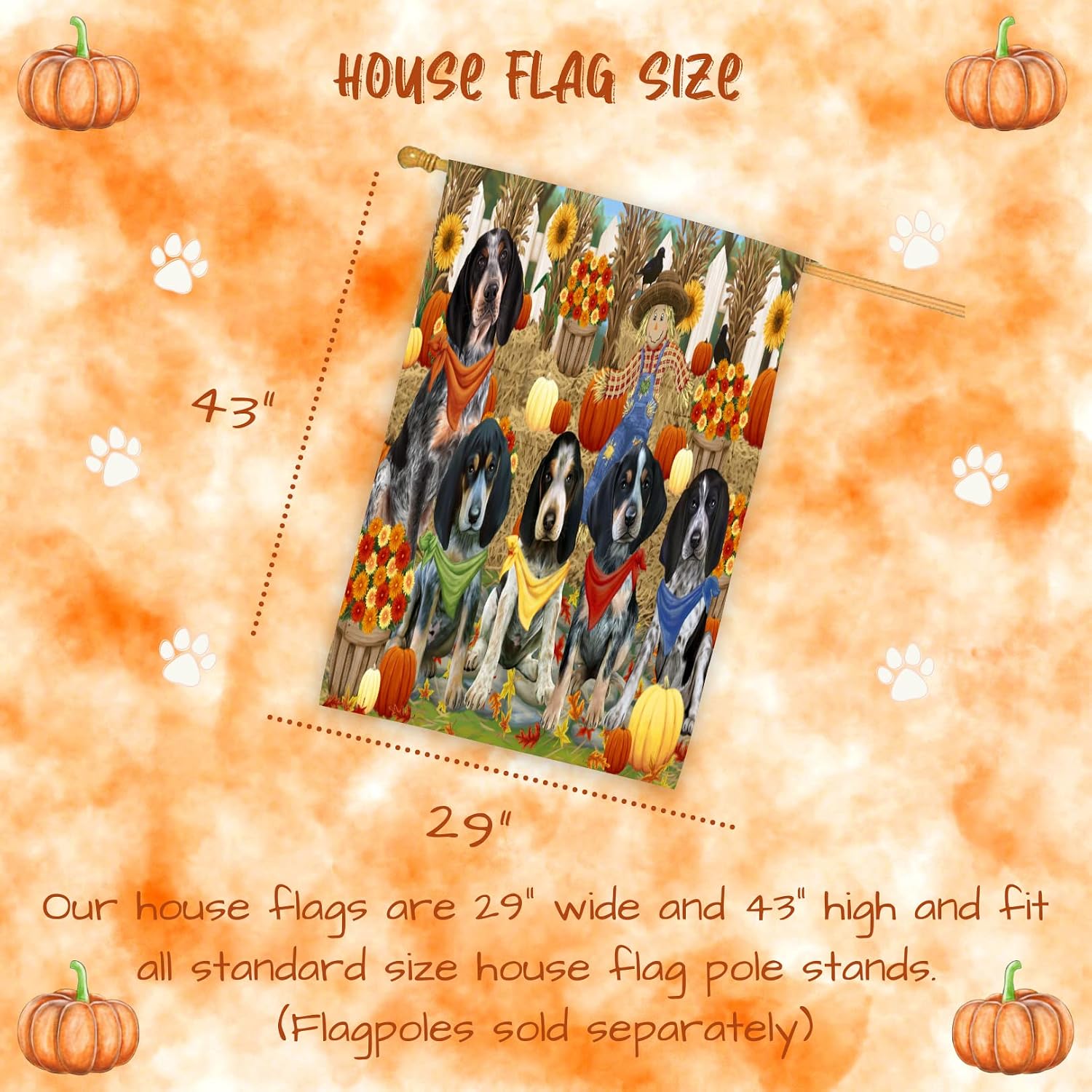 Fall Festival Bluetick Coonhound House Flag 28x40 Double Sided – Dog Mom with 4 Puppies, Scarecrow, Black Crows, Pumpkins & Fall Flowers – Outdoor Autumn Flag