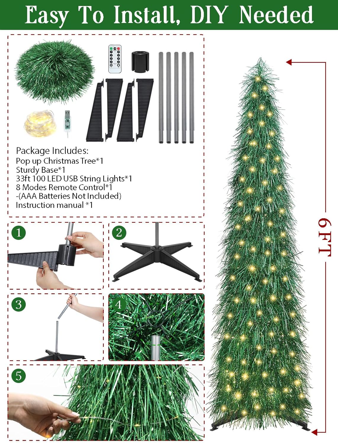 6 FT Shaggy Pop Up Christmas Tree with 100 Timer Lights and Remote, Green Collapsible Artificial Tinsel Christmas Pencil Tree for Home Apartment Office Holiday Party Decor, Easy Assembly