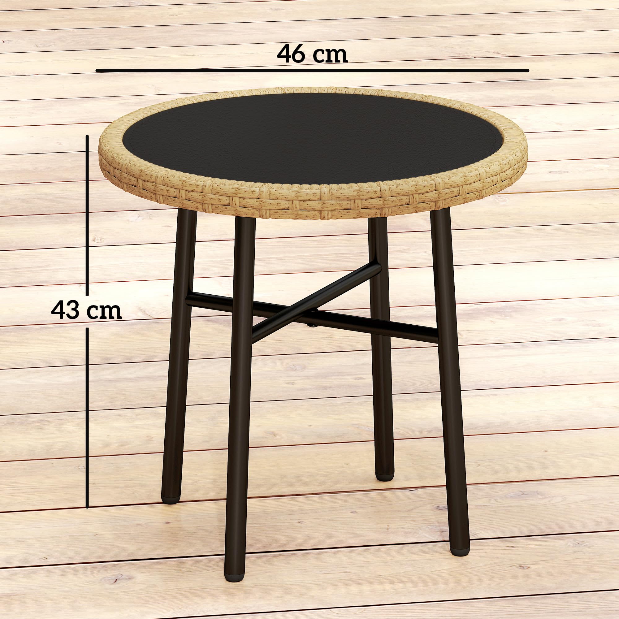 Outsunny Table Basse Ronde de Jardin en Résine Aspect Rotin, Acier et Plateau Verre Trempé Ø 46 cm, Naturel