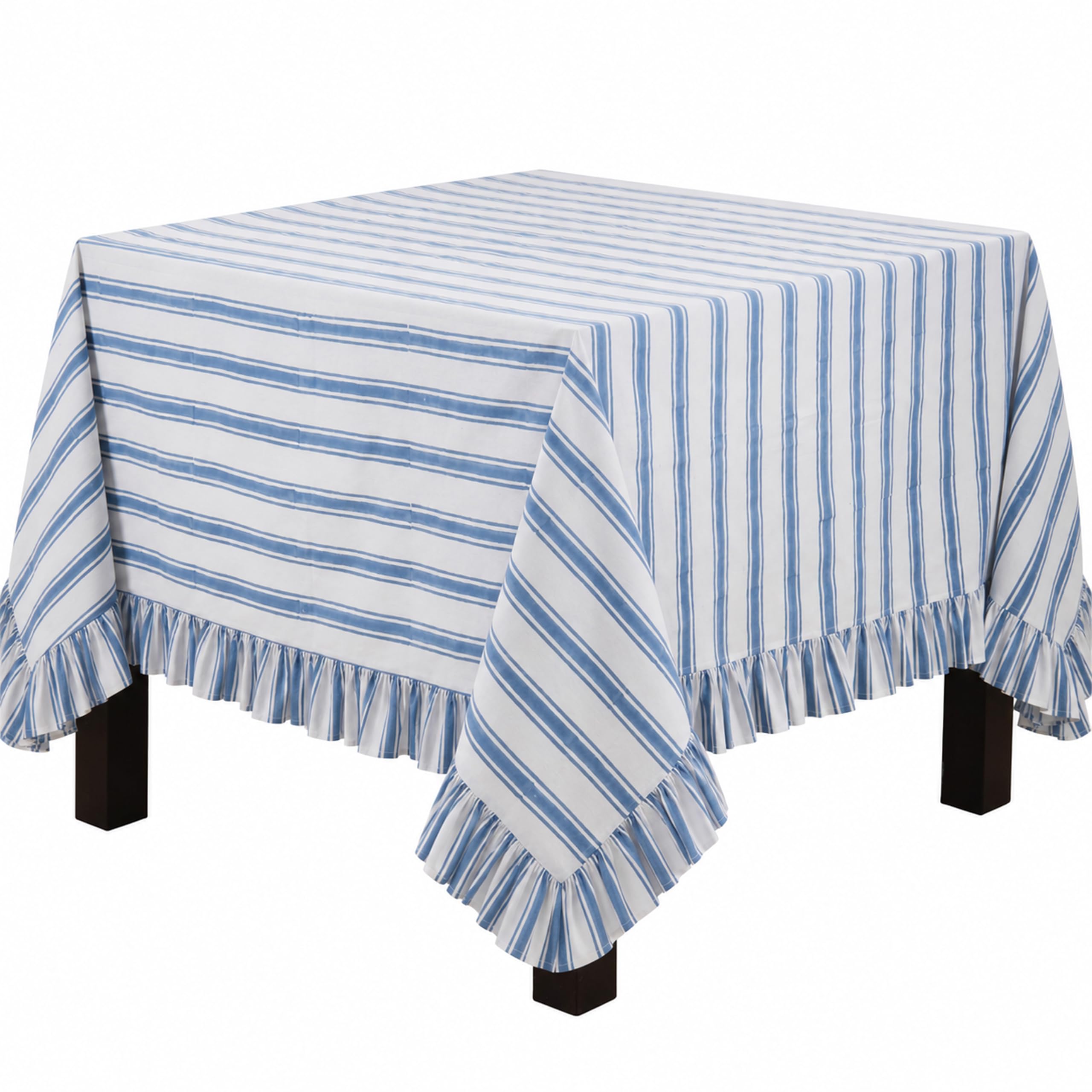 SARO LIFESTYLE Classic Stripe Tablecloth - Everyday Farmhouse Tablecloth with Timeless Woven Stripe Design for Casual Dining, Kitchen Tables, and Everyday Entertaining, 70"x70", Blue