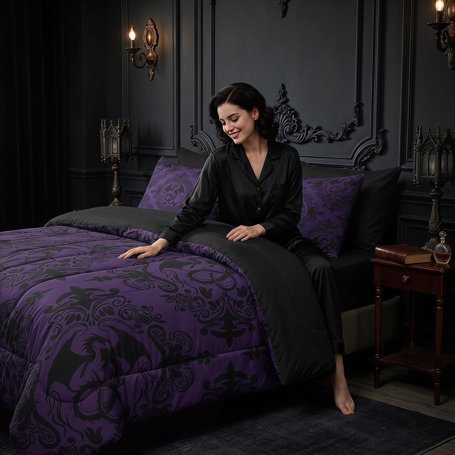 Feelyou Damask Comforter Set with Sheets 7 Piece Full Size Purple Black Dragon Bedding Set for Kids Boys Girls Jacquard Bed in a Bag Vintage Damask Floral Room Decor Soft Lightweight Microfiber