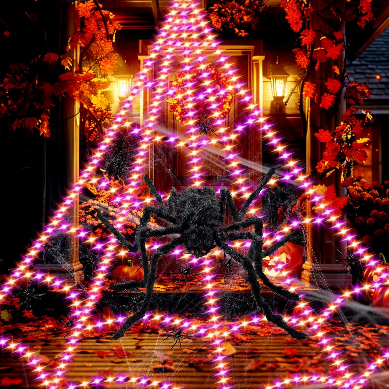 Halloween Spider Web Lights 16.4Ft, 555 LED Halloween Decorations Outdoor Lights with 8 Modes(Purple&Orange) - 4Ft Giant Spider, Waterproof & Timer for Yard Porch Garden, Outside Party