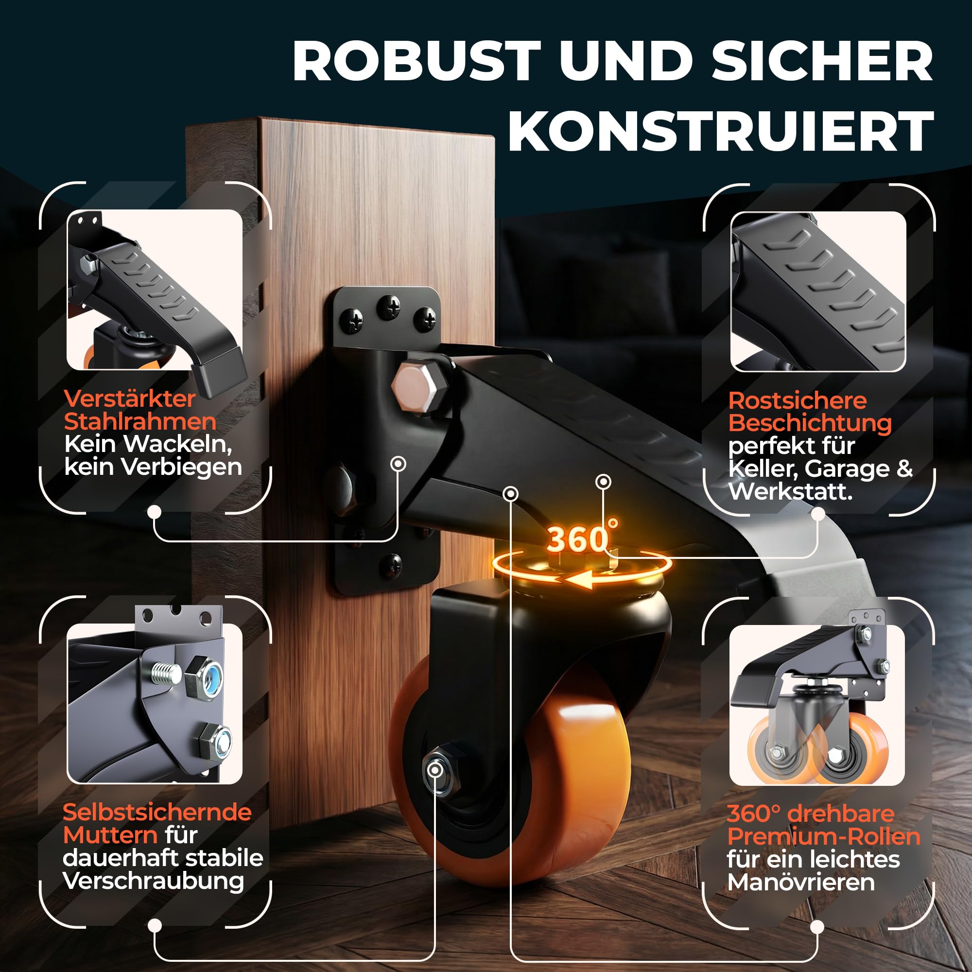 Fortura® schwerlastrollen absenkbar 350kg Tragkraft/Heberollen mit TPR-Rädern leise & bodenschonend, Möbelrollen Schwerlast, fahrbare Werkbank Rollen Set inkl. Zubehör