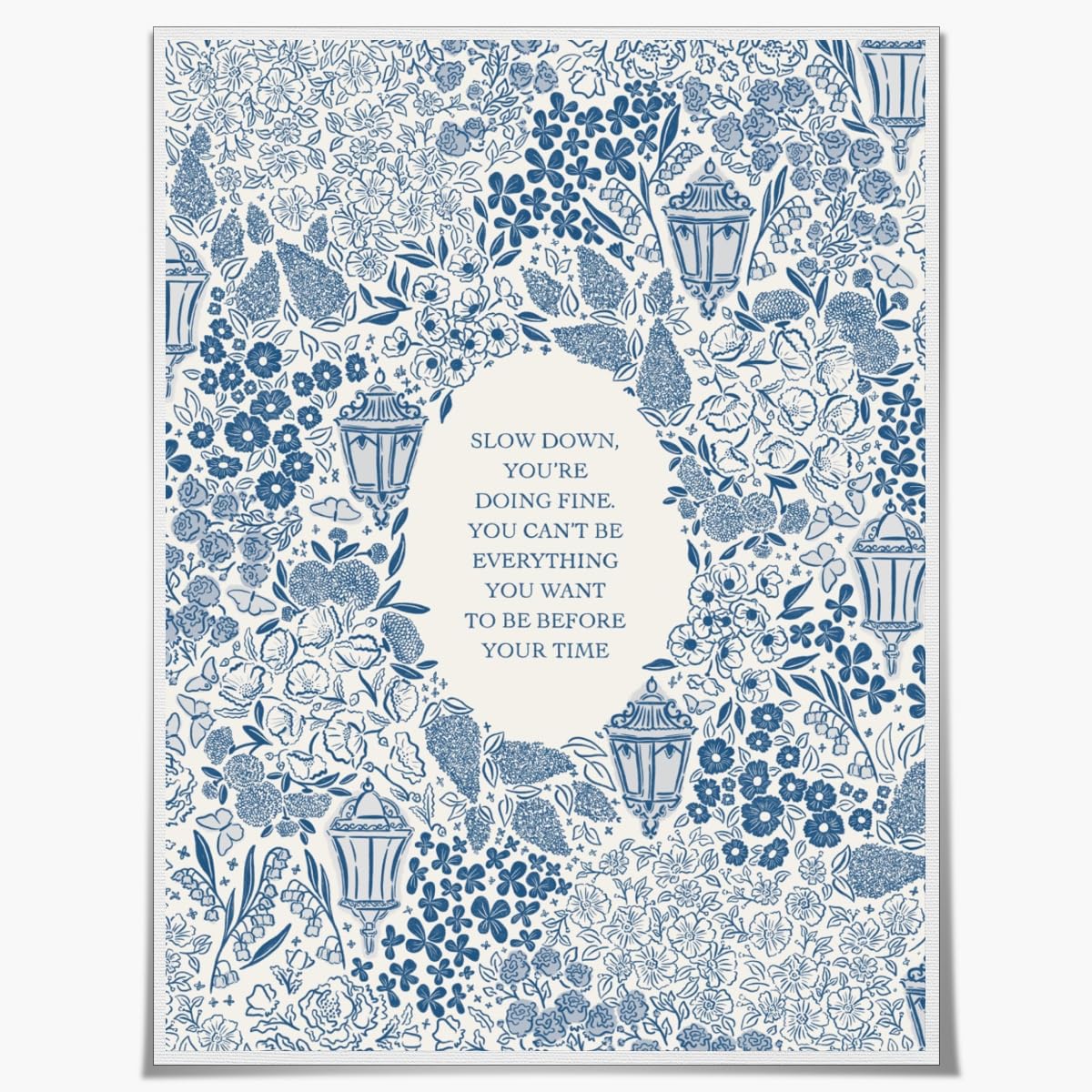 Trendy Blue and White Modern Flower Wall Art Slow Down Youre Doing Fine Poster Aesthetic Inspirational Canvas Prints