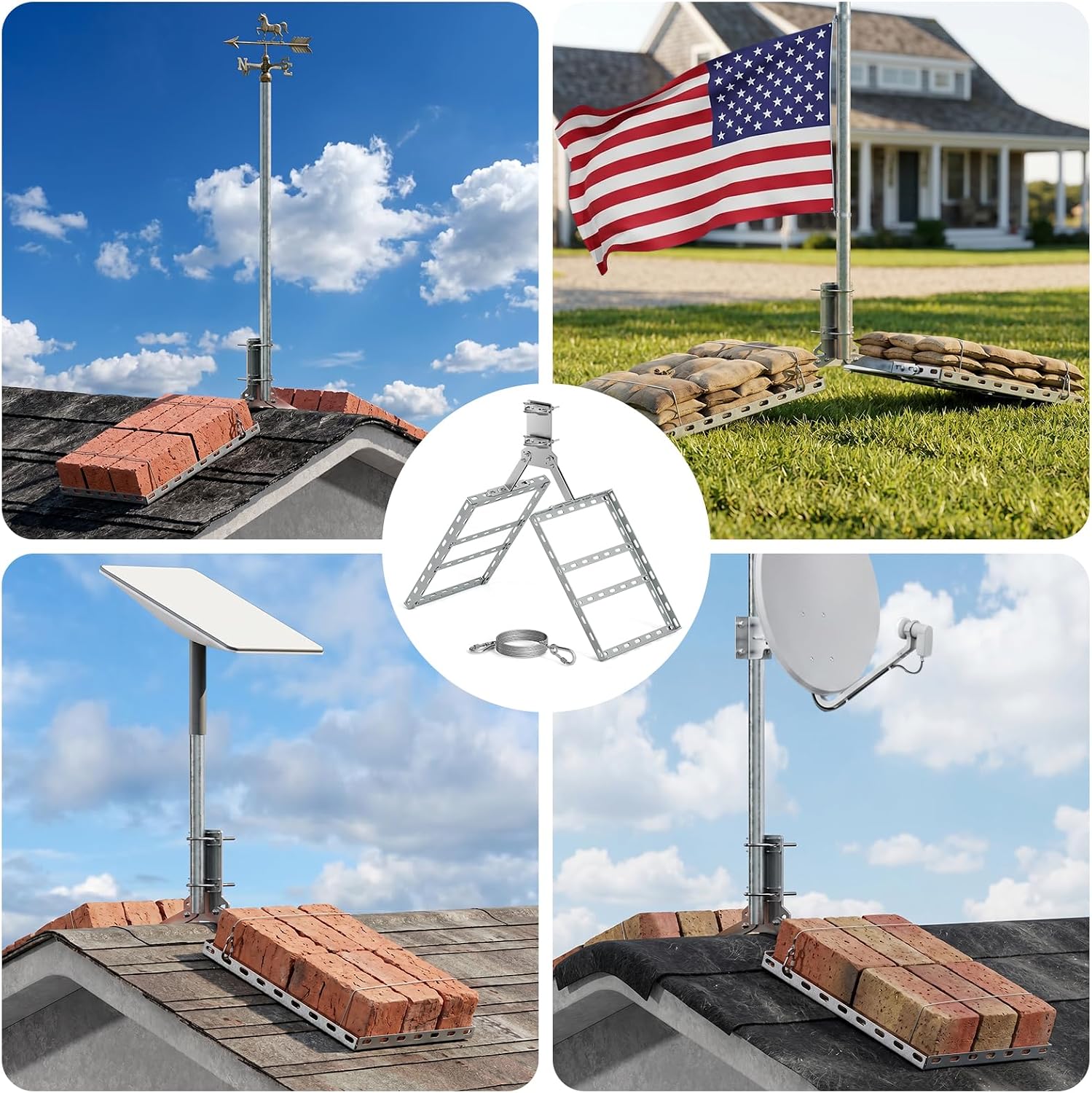 Adjustable Non-Penetrating Roof Ridge Mount,for 1.25" to 2.4" Mast,Satellite Dishes,Internet Antennas,Weather Stations (Ridge Pole Mount with Adjustable Base)