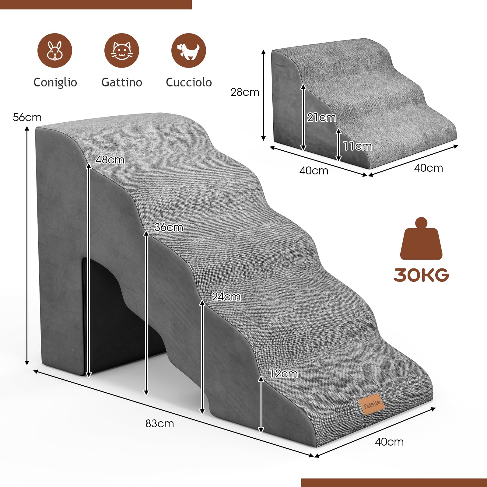 Set Di Scale Per Cani A 3 E 5 Gradini In Schiuma Morbida – Rampe Antiscivolo Per Letti E Divani, Per Animali Piccoli E Medi, Grigio