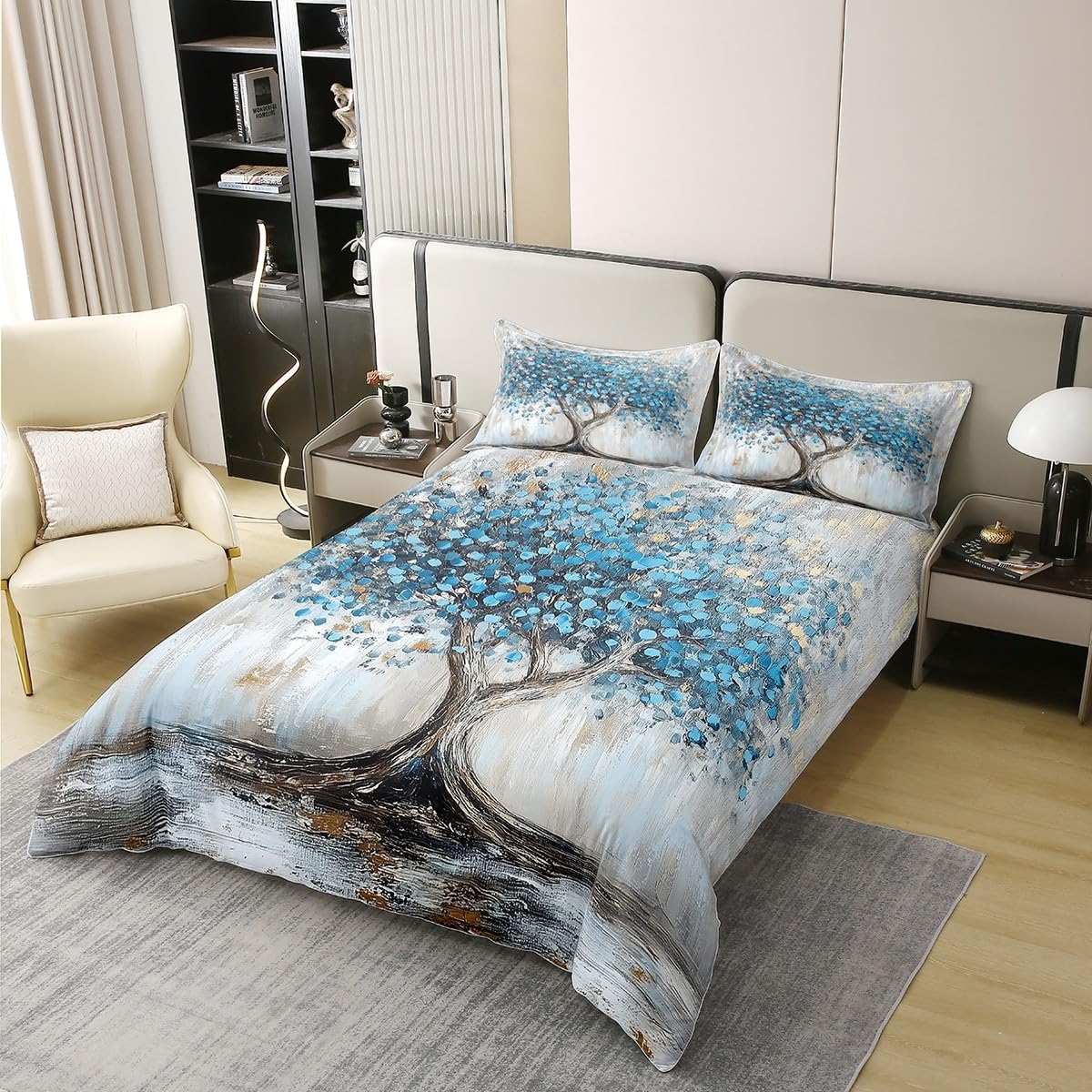 Feelyou Tree Branches Bedding 100% Cotton Duvet Cover Set Full Size Tree of Life Bedding Set Decor Nature Theme Comforter Cover Set Botanical Bedspread Cover Blue Bedroom Bedclothes,No Comforter