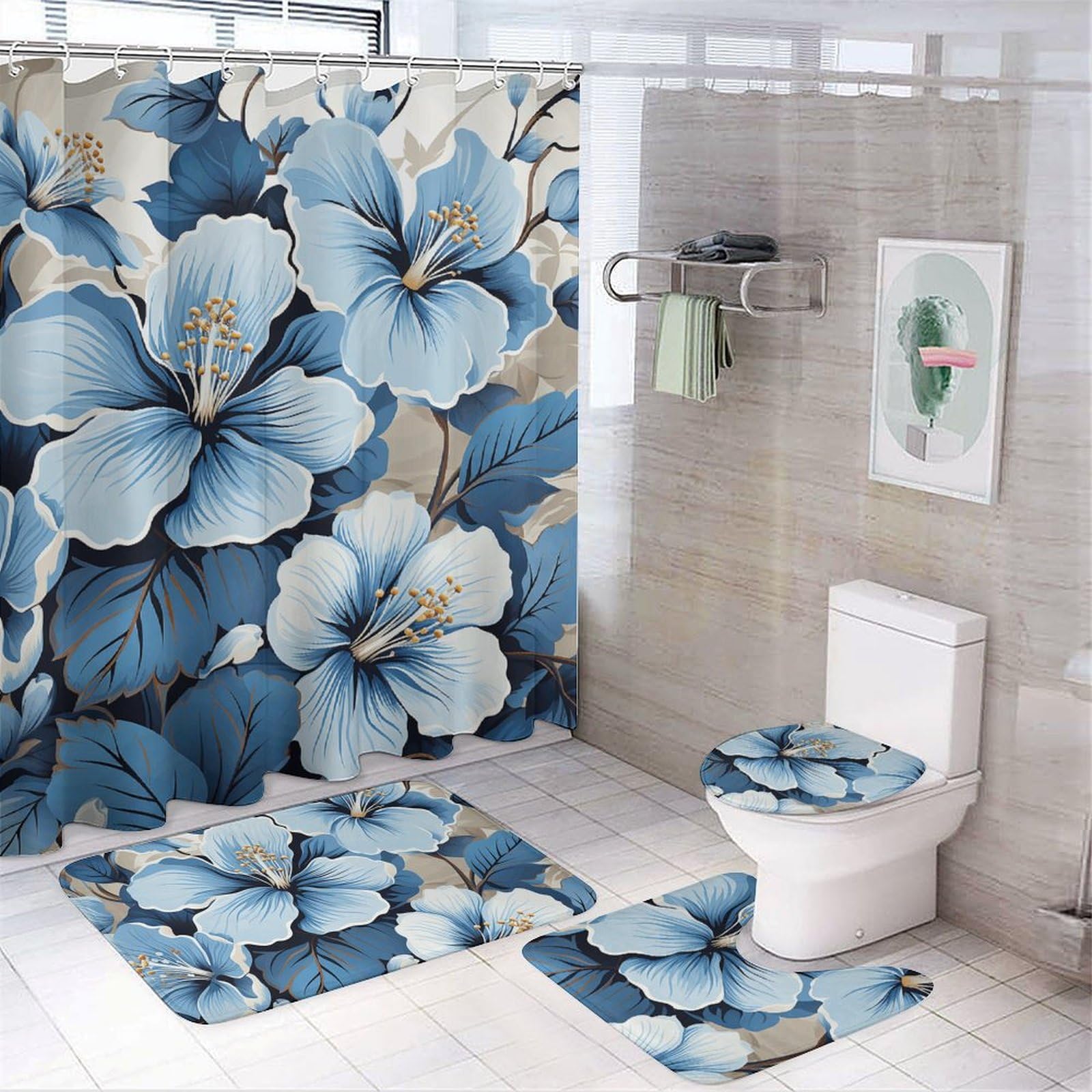 Tapis de douche antidérapant et housse de toilette imperméable bleu