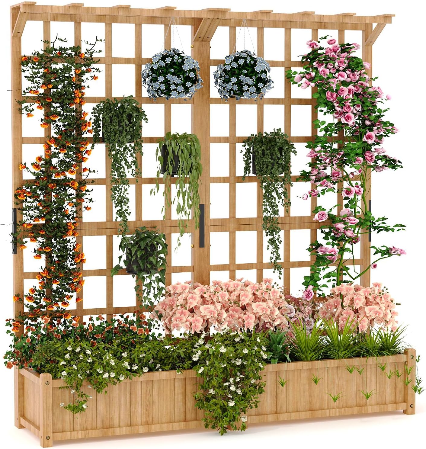 PeakPursuit 2-Tier 49" L X 63" H Wood Planter Box w/Trellis & Roof - 1.4ft Deep Raised Garden Bed for Climbing Plants, Veggies & Flowers - Outdoor Use w/8 Drainage Holes