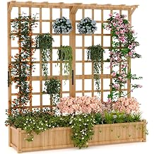 Two-Tier Wooden Planter Box with Trellis, Elevated Raised Garden Bed for Flowers & Vegetables, 1.4 Ft Deep Pot with Gable Roof & Drainage Holes for Patio, Balcony & Deck