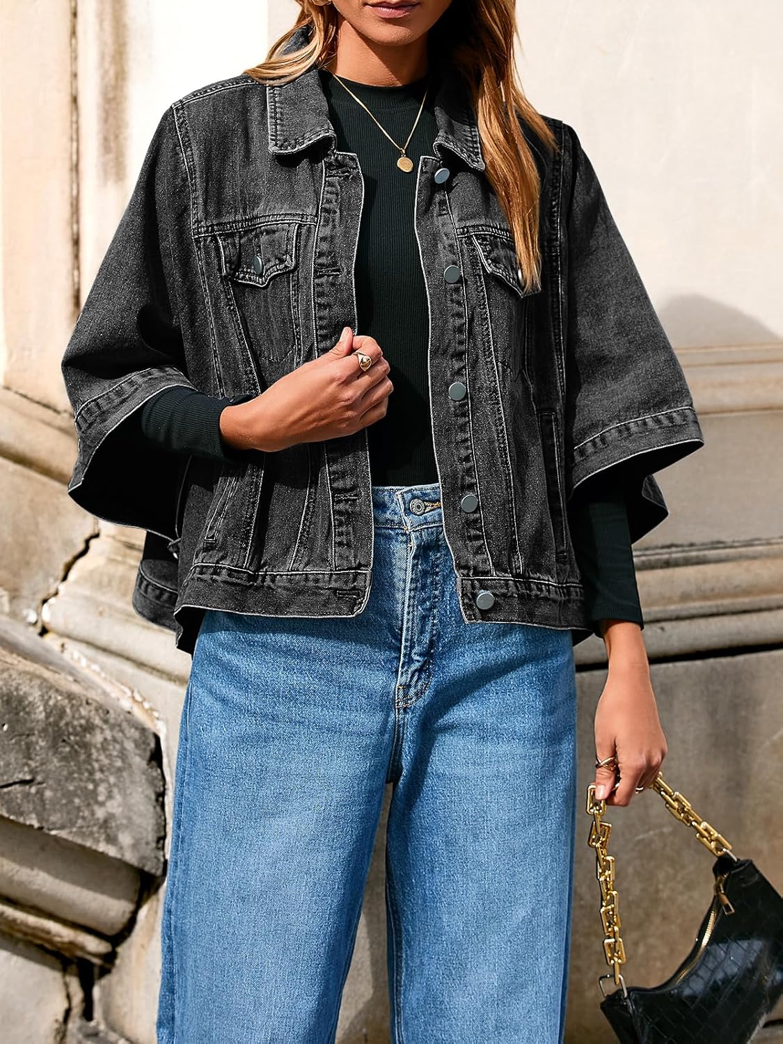 Tankaneo Womens Jean Jacket Oversized Cropped Short Sleeve Cotton Denim Jacket Fall Trendy Cape Outerwear with Pockets - Image 2