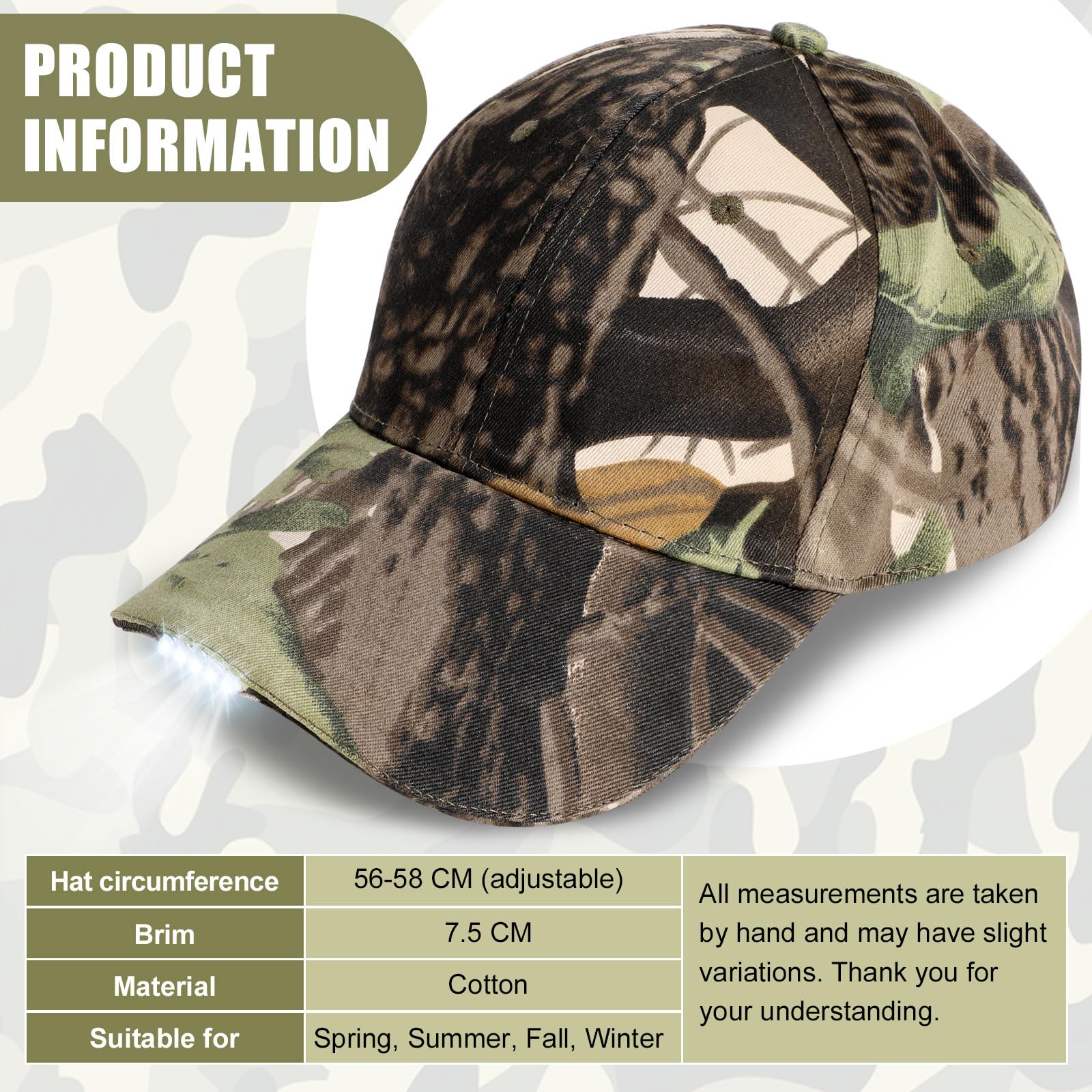 Coume Hutlicht LED Ultralang Batterie Ausdauer LED Kappe Eingebaute Lichtkappe USB Wiederaufladbare Volle Baumwolle Einstellbar Licht Hut für Angeln Joggen Camping (Camouflage)