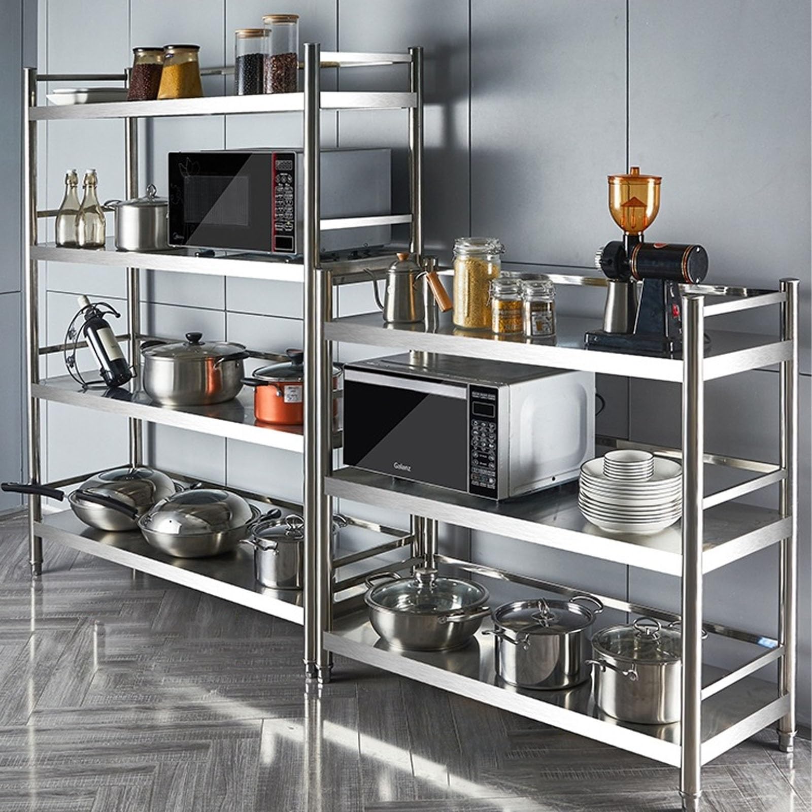 EstanteríA de Cocina EstanteríA para Microondas Muebles Auxiliar de Cocina de Niveles Estante Abierto de Pie con Valla y Almohadilla para Pies Ajustable Acero Inoxidable Plata(110 * 35 * 95)