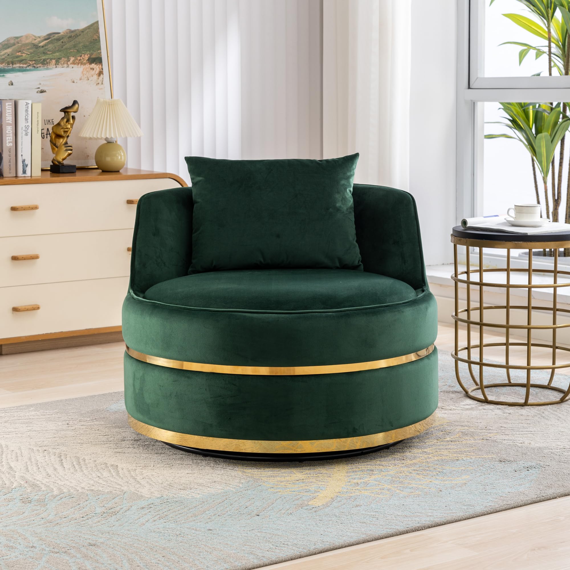 360 Degree Swivel Accent Chair Velvet Modern Upholstered Barrel Chair Over Sized Soft Chair with Seat Cushion for Living Room, Bedroom, Office, Apartment, Green