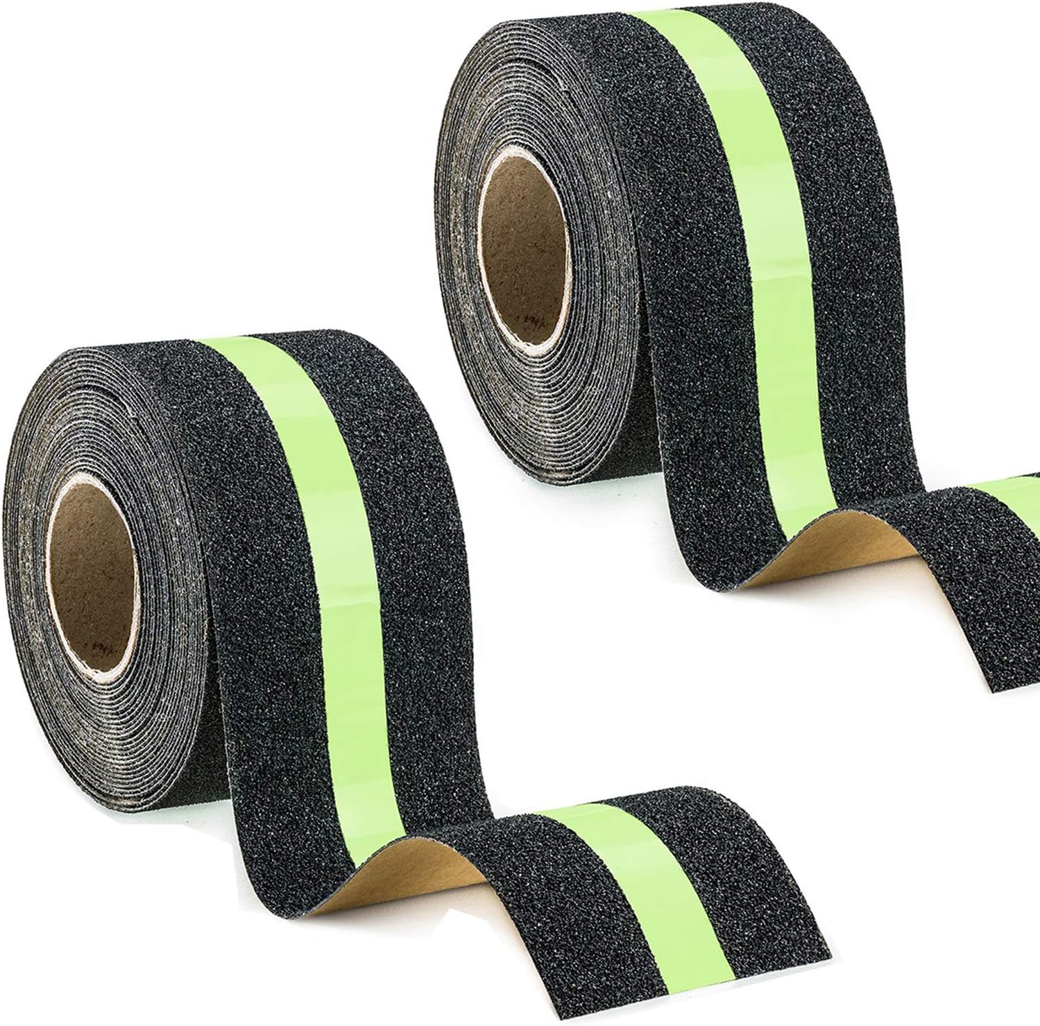 Anti Slip Grip Tape, 2 Pack Adhesive Non Skid Traction Tread with Glow-in-Dark Green Stripe for Slip Resistant of Slippery Slippage on Stair Ladder or Floor, 2 Inch Wide and 16.4 Ft Long per Roll