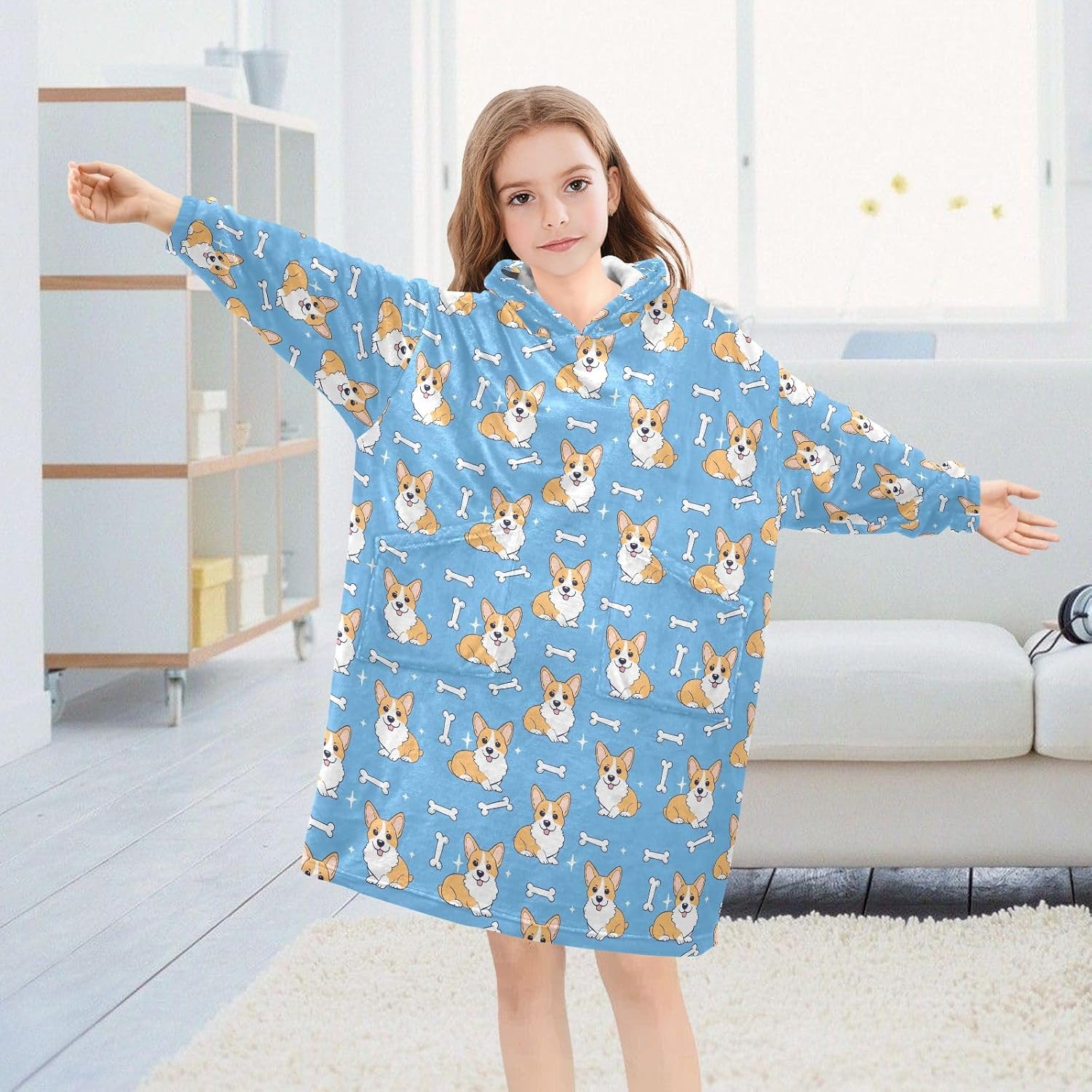 Corgi Dog with Bones Wearable Blankets for Kids, Soft Warm Cozy Blanket Hoodie for Boys Girls with Pocket