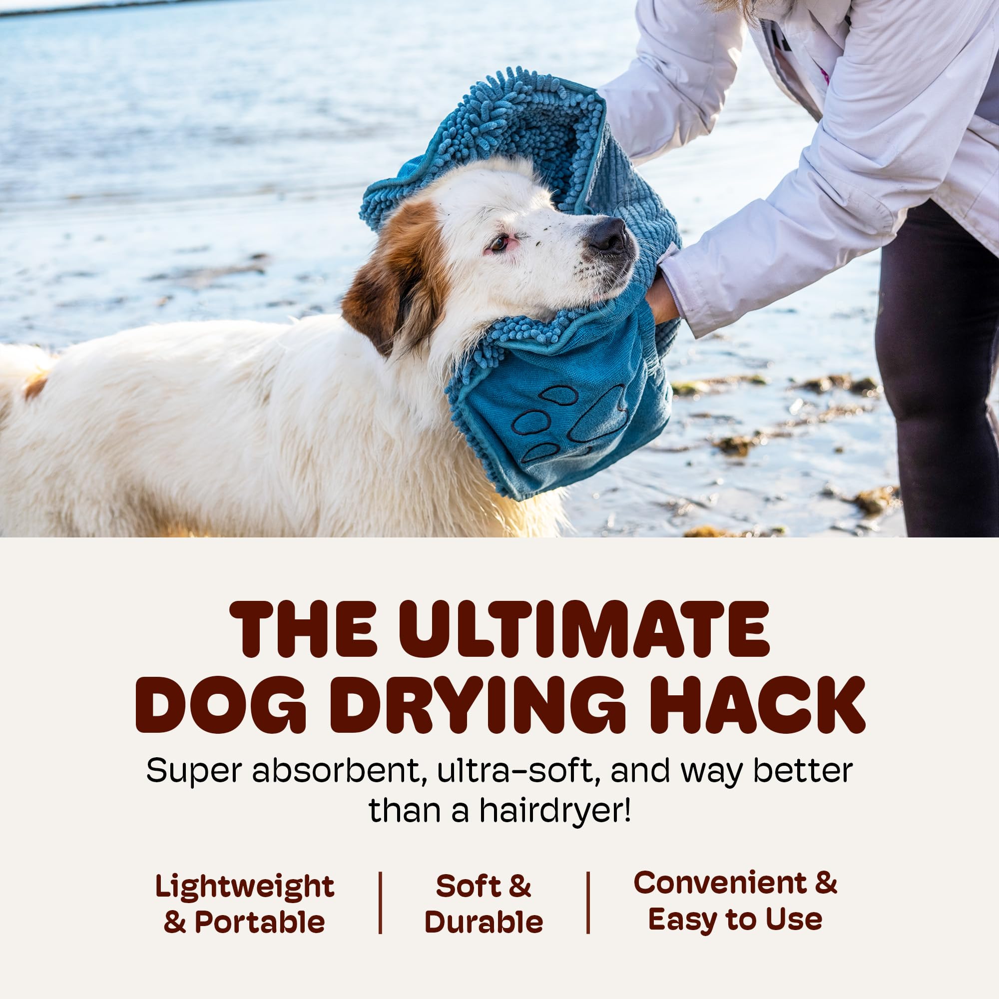 La Toalla Original Dirty Dog Shammy de Microfibra Ultra Absorbente de Secado rápido con Bolsillos de Mano para el manejo y Agarre de Perros húmedos baño, Lluvia, Playa, Lavable a