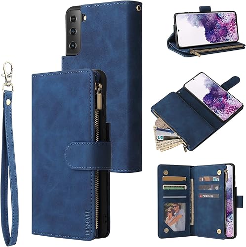 LBYZCASE Funda de teléfono para Samsung Galaxy S21, Samsung S21 5G, funda de cuero con tapa de lujo, bolsillo con cremallera, correa de muñeca,