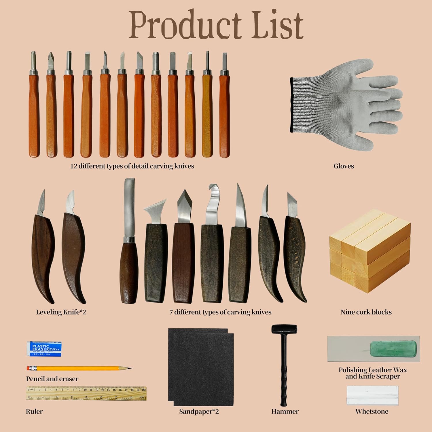 44Pcs Wood Carving Kit with Leather Case Complete Whittling Tool Set Includes Chisels, Knives, Gloves & Sharpening Stone for Beginners DIY Enthusiasts