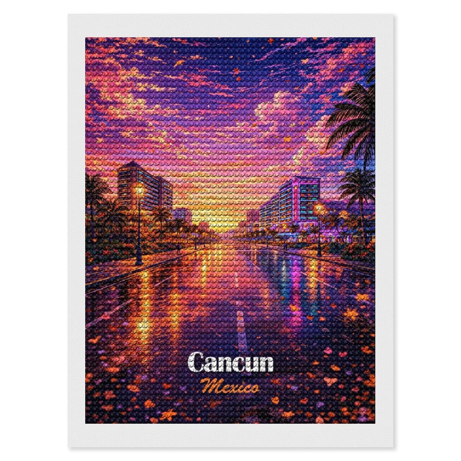 Junmoney Cancun Mexico Sunset Street Scene Diamond Art Canvas 12"x16", Easy to Follow Symbols, Finish and Display, Fun Craft Experience, Aesthetic Room Decor