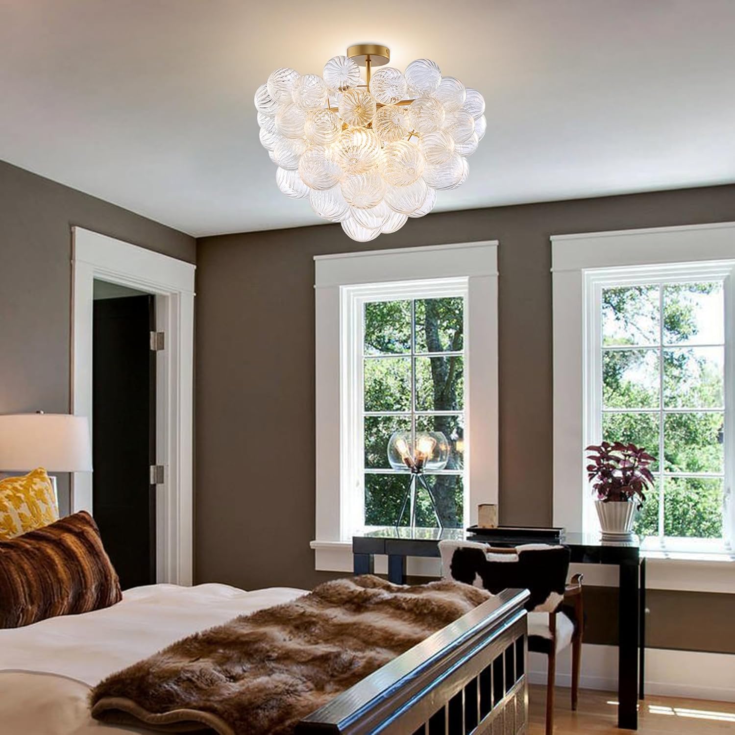 Semi Flush Mount Bubble Ball Chandelier 24" Clear Swirled Ribbed Blown Glass Globe Gold Chandeliers Ceiling Light Fixture for Dining Living Room Bathtub Bathroom