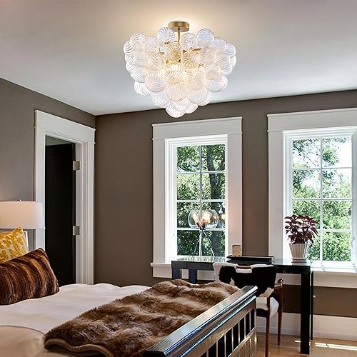 Miniatura 6 de Lámpara de techo semiempotrada con burbujas, diámetro de 20 pulgadas, vidrio soplado dorado y transparente, pequeña lámpara de vidrio remolinado,