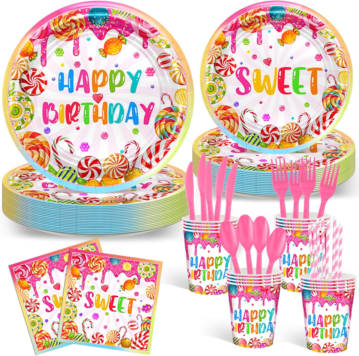 Avezano 192 Pcs Candyland Party Decorations Lollipop Dessert Theme Birthday Party Decorations Disposable Candy Land Tableware Party Supplies Paper Plates Napkins Forks Set for 24 Guests
